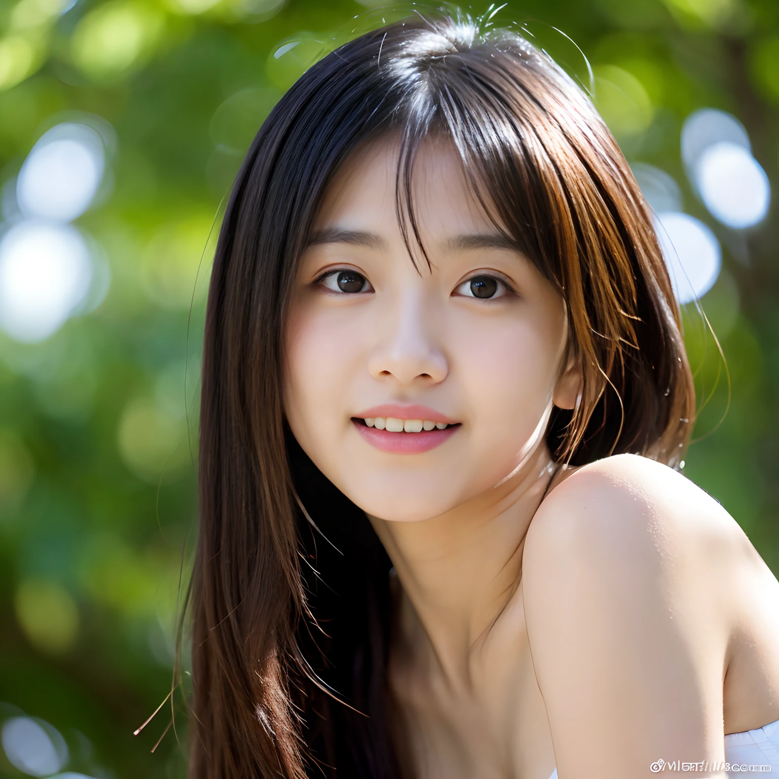 highest quality, High resolution, realistic pictures, detailed skin texture, Cute 10 year old Japan girls, (flat chest:1.5), towards the camera, slim body shape, Fair skin, view audience, focus on face, (close up of face:1.5), long straight hair, In the park where cherry blossoms dance, smile showing teeth, (Short white camisole:1.2), (loli:1.2)