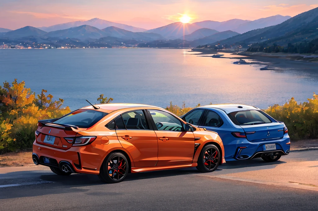 Generate images Mitsubishi monster evolution 10, Mitsubishi lancer evolution 9, Mitsubishi lancer evolution 8, Mitsubishi lancer evolution 6, Mitsubishi lancer evolution 5, and Mitsubishi lancer evolution 3, parked in a parking lot with a background scene of a mountain water off into the distance and a beach not too far from the mountain, there's a group of adults partying, grilling behind all the cars, and enjoying themselves, 4K, 8K, detailed image, vibrant colors, warming colors, sunny sunset, beautiful image,