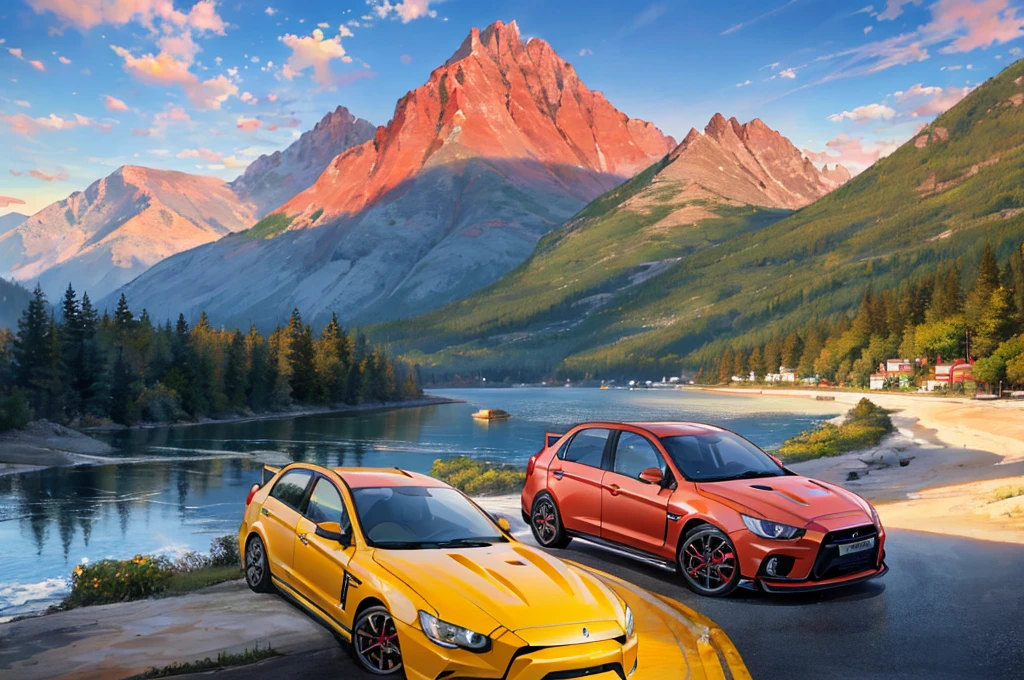 Generate images Mitsubishi monster evolution 10, Mitsubishi lancer evolution 9, Mitsubishi lancer evolution 8, Mitsubishi lancer evolution 6, Mitsubishi lancer evolution 5, and Mitsubishi lancer evolution 3, parked in a parking lot with a background scene of a mountain water off into the distance and a beach not too far from the mountain, there's a group of adults partying, grilling behind all the cars, and enjoying themselves, 4K, 8K, detailed image, vibrant colors, warming colors, sunny sunset, beautiful image,