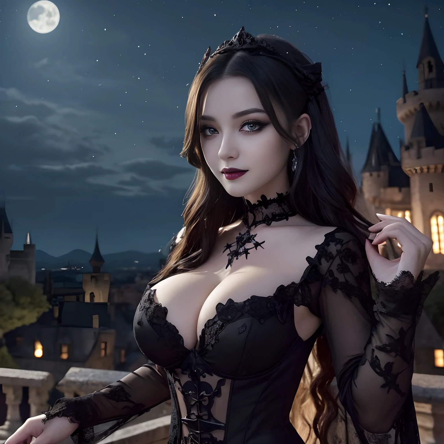 1 Beauty,Beauty 1 person,Best Quality, masutepiece, 超A high resolution, Photorealistic, Raw photo, Unity 8k壁纸,(Black lips:1.3),(Black eyeshadow:1.3),(Evil smile:1.1),The most complex and detailed castles,Luxurious castle in Gothic style,Luxurious castles in medieval Europe,Complex and luxurious castles in medieval Europe,Depict the castle in super detail,Castle in the Middle of the Night,Lighted castle,Realistic bats flying,Pitch black night,Black Dress,Black luxury dress,Dresses with intricate décor in the Gothic style,Japan Intricate Dresses,Most beautiful face,large full breasts,cleavage of the breast,Luxurious and Gothic medieval European castle,Wicked Gothic castle,Bats flying in the night sky,Looks,Beautiful wavy hair,,masutepiece,8K,very intricate,ultra-detailliert