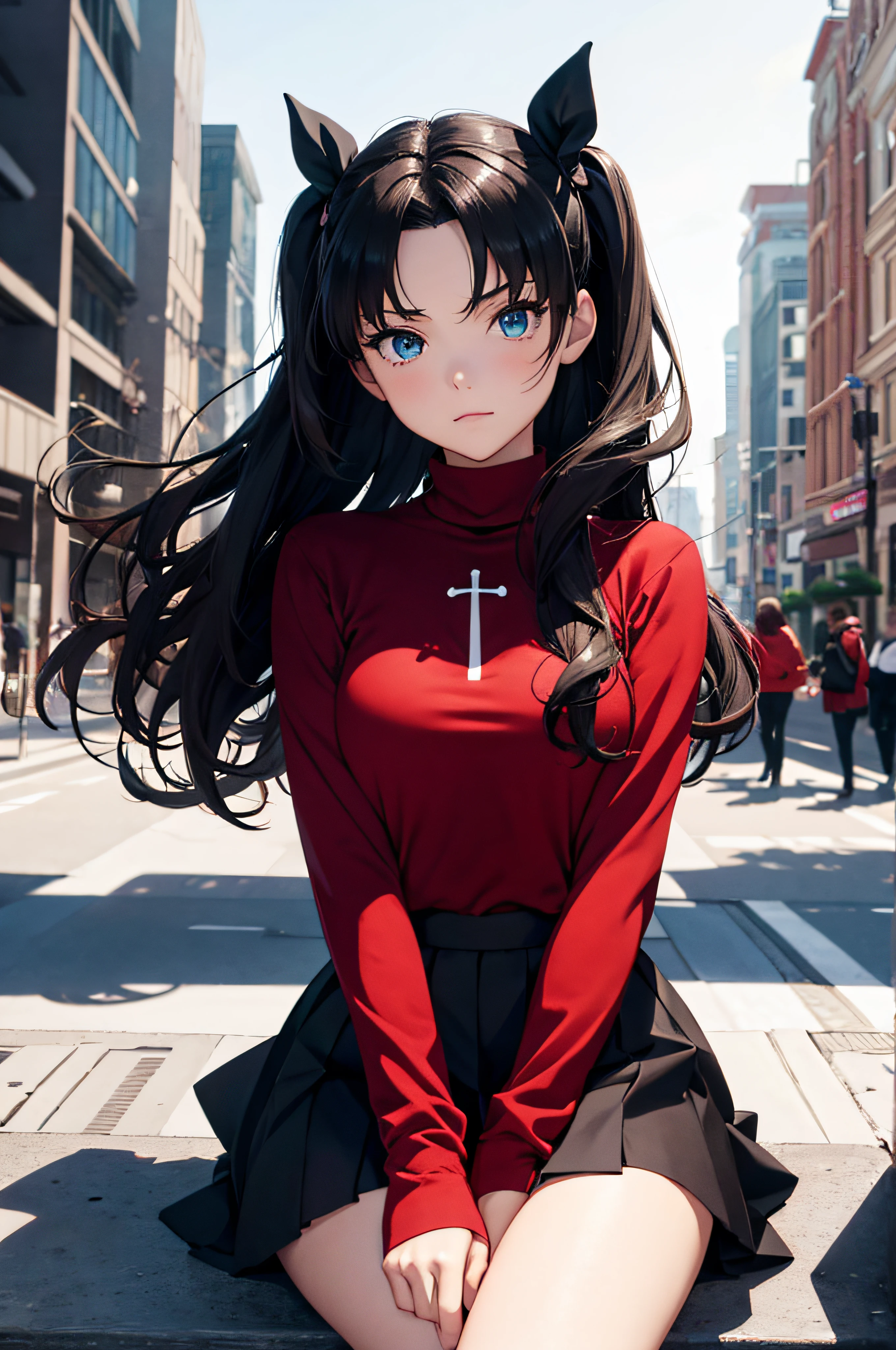 (masterpiece), best quality, expressive eyes, perfect face, 1girl, solo, rintohsaka, rin tohsaka, aqua eyes, black hair, hair ribbon, long hair, ribbon, sidelocks, two side up, black skirt, black thighhighs, long sleeves, miniskirt, pleated skirt, ((red sweater)), skirt, sweater, thighhighs, turtleneck, city background, sitting, character sheet, upper body, portrait, looking at viewer