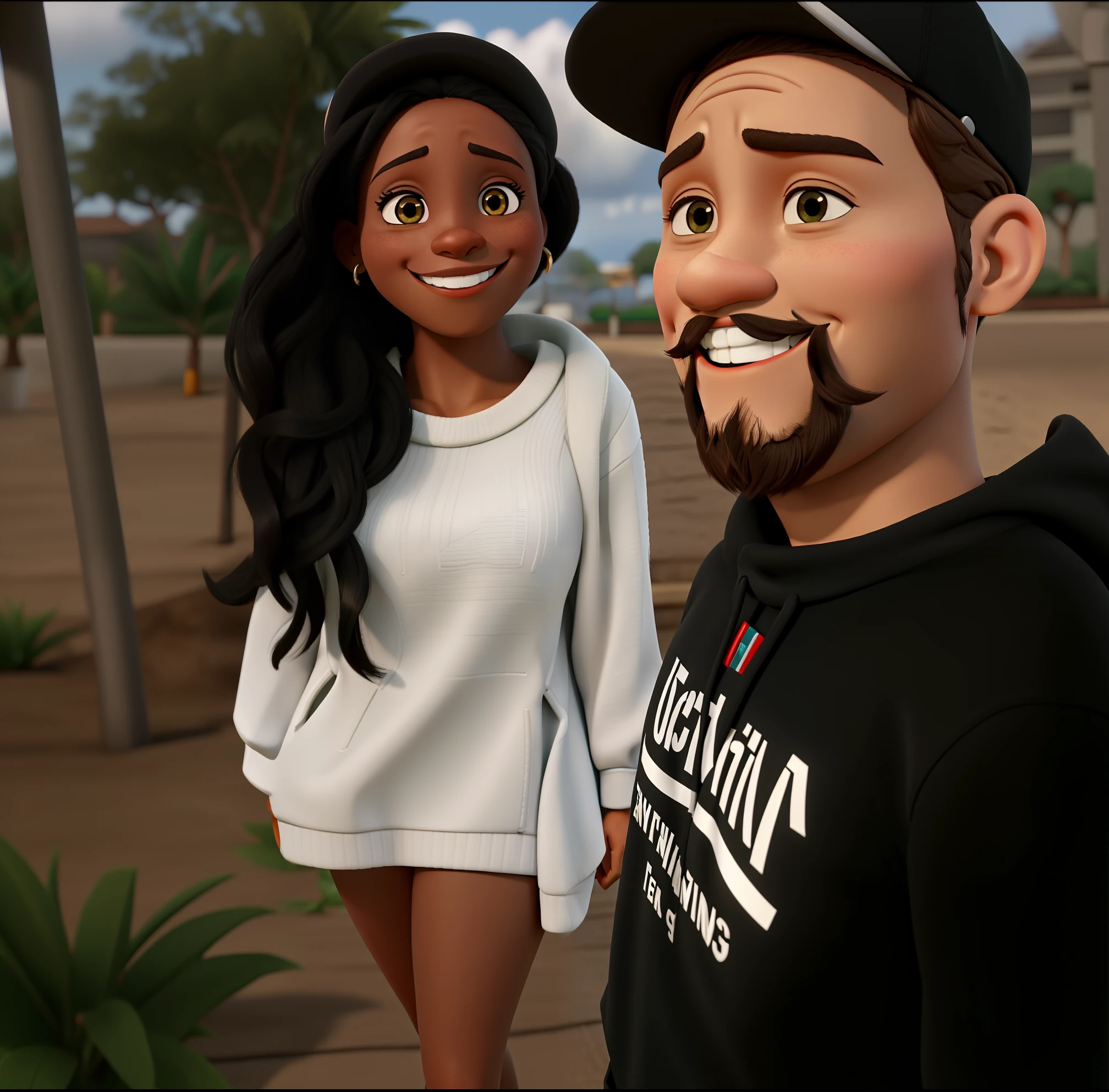 Imagem estilo pixel, alta qualidade, Best quality a black woman smiling and a caucasian man in a cap smiling
