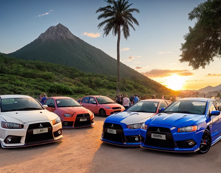 Generate images Mitsubishi lancer evolution 10, Mitsubishi lancer evolution 9, Mitsubishi lancer evolution 8, Mitsubishi lancer evolution 6, Mitsubishi lancer evolution 5, and Mitsubishi lancer evolution 3, parked in a parking lot with a background scene of a mountain water off into the distance and a beach not too far from the mountain, there's a group of adults partying, grilling behind all the cars, and enjoying themselves, 4K, 8K, detailed image, vibrant colors, warming colors, sunny sunset, beautiful image,