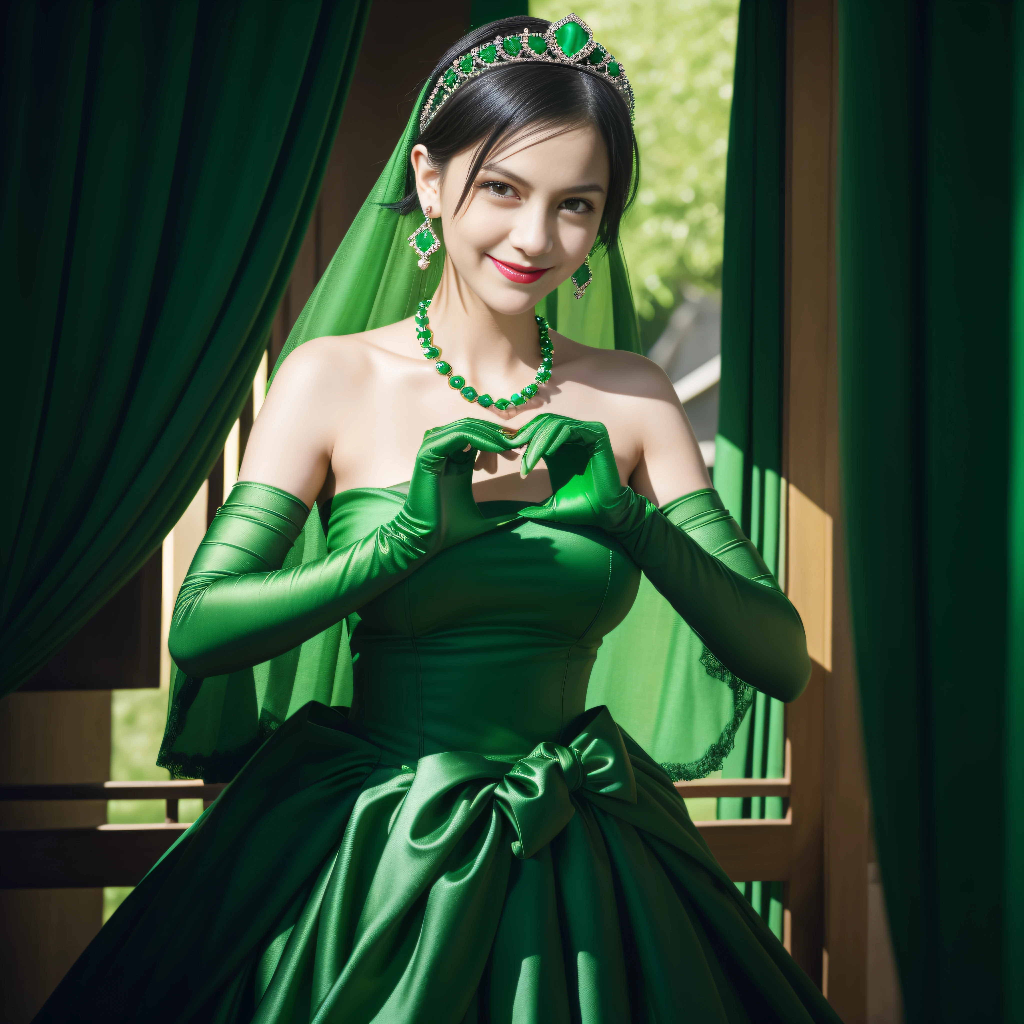 emerald tiara, Green Pearl Necklace, Boyish very short black hair, lipsticks, Japan woman smiling, very short short hair, big breasts beautiful, Green eyes, Long green gloves made of satin material, Green eyes, Emerald Earrings, green vale, Heart with both hands