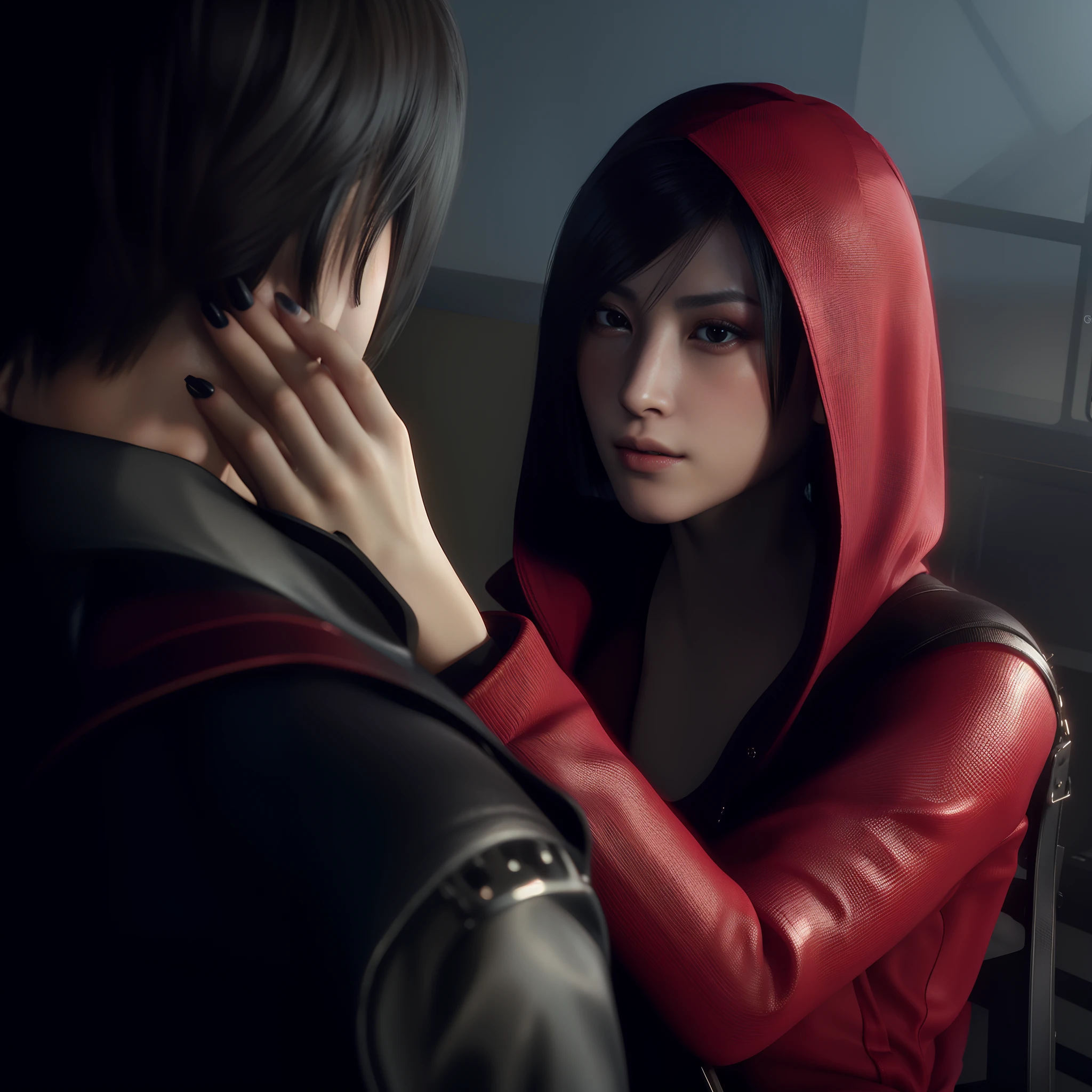 Ada wong, beautiful face, bob hair, perfect Face, wearing mini red dress hoody, wearing hoody, black nail polish, friendly face, glare, girly