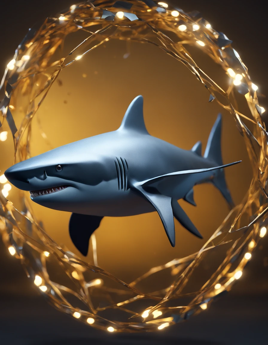 A shark, metal origomi, cinematic light, golden particles, shallow depth of field, dark theme