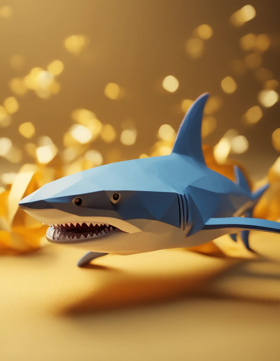 A shark, paper origomi, cinematic light, golden particles, shallow depth of field, dark theme