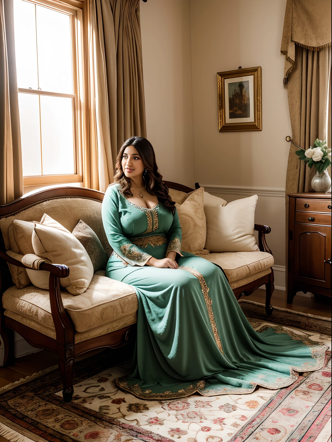 (ultra-detailed, highres, realistic:1.37), beautiful cute thicc busty saudi mommy in living room, soft lighting, oil painting, cozy atmosphere, traditional carpet, elegant furniture, exotic decorations, vibrant colors, intricate patterns, joyful expression, gentle smile, traditional Arabian clothing, delicate embroidery, natural sunlight streaming through the window, luxurious cushions, fine details, warm color tones, inviting ambiance
