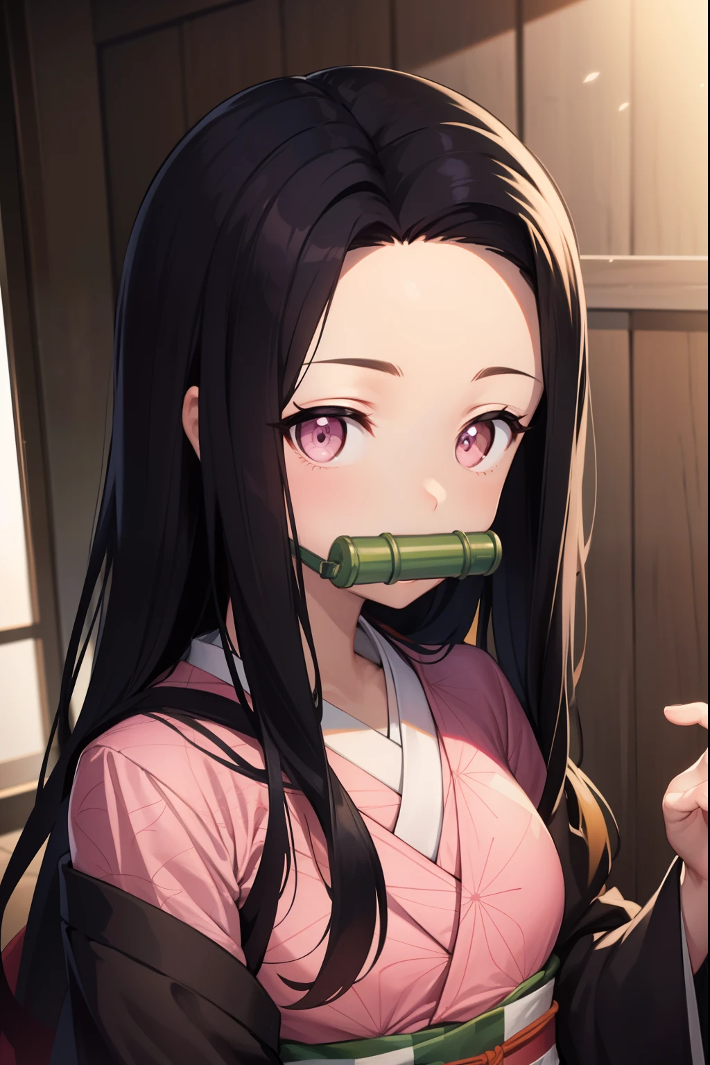 nezukokamado, nezuko kamado, bamboo, (bit gag:1.5), black hair, (forehead:1.5), gag, gagged, hair ribbon, long hair, multicolored hair, (pink eyes:1.5), orange hair, slit pupils, wavy hair, two-tone hair,
BREAK asa no ha (pattern), checkered sash, haori, japanese clothes, kimono, long sleeves, obi, pink kimono, sash, wariza, wide sleeves,
BREAK looking at viewer,
BREAK indoors,
BREAK (masterpiece:1.2), best quality, high resolution, unity 8k wallpaper, (illustration:0.8), (beautiful detailed eyes:1.6), extremely detailed face, perfect lighting, extremely detailed CG, (perfect hands, perfect anatomy),