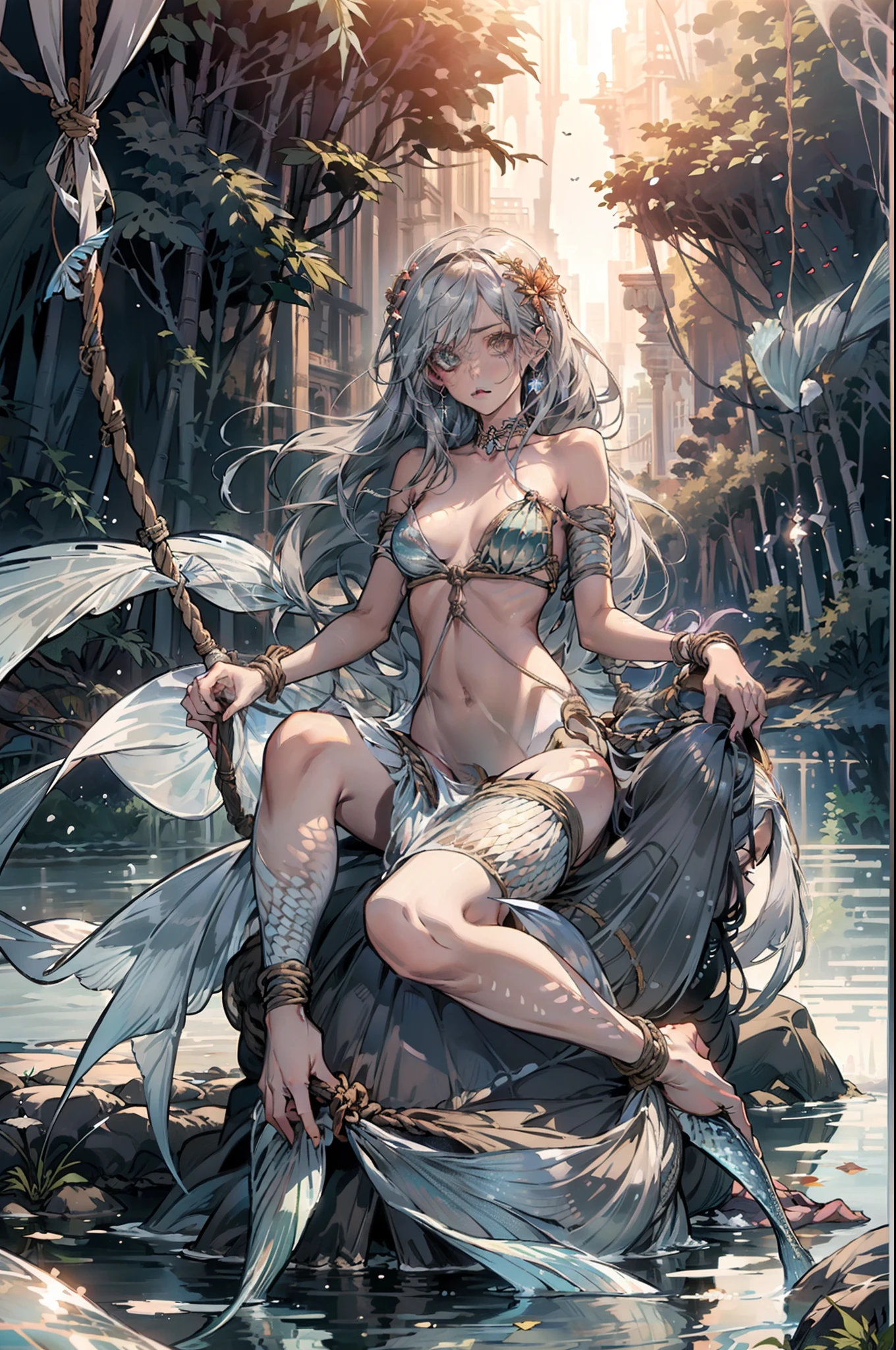 1 girl, adult, (beautiful, long silver hair, slender, small breasts), fear, water, river, (mermaid, transparent fish scales), ((wrists tied, Rope Bondage , Hemp rope)), (transparent fish scales, fish fins), river, mystical