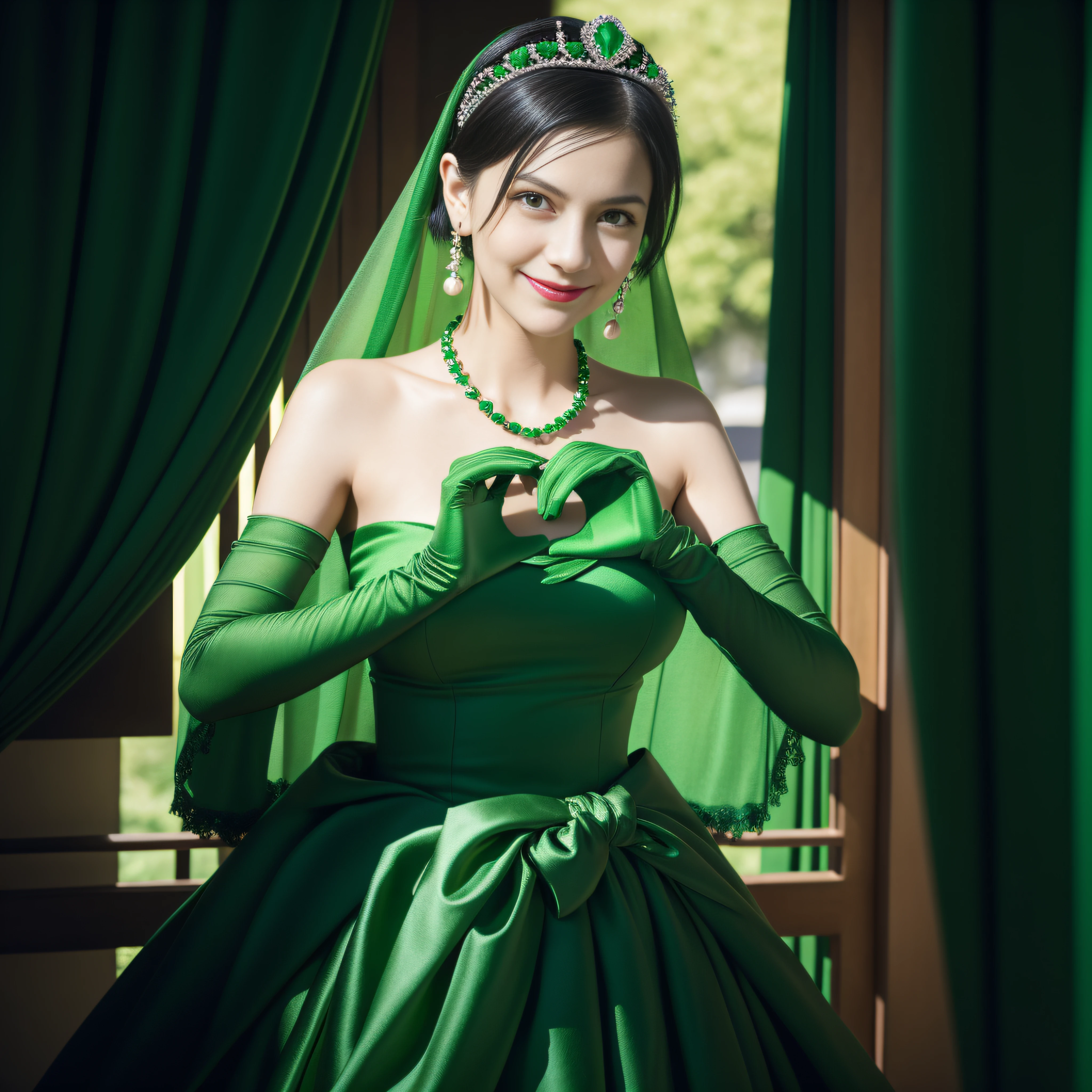emerald tiara, Green Pearl Necklace, Boyish very short black hair, lipsticks, Japan woman smiling, very short short hair, big breasts beautiful, Green eyes, Long green gloves made of satin material, Green eyes, Emerald Earrings, green vale, Heart with both hands