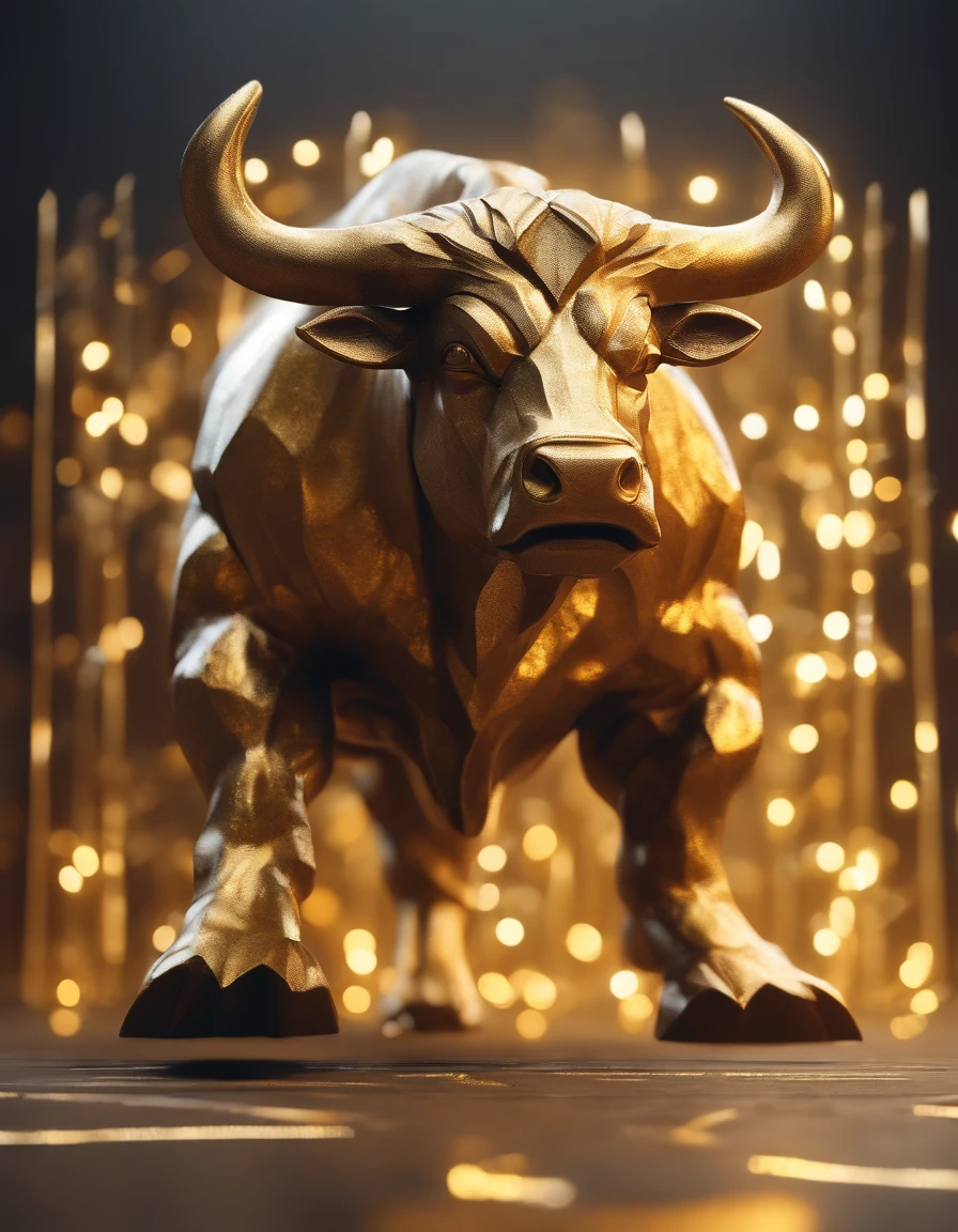 A big muscular bull, paper origomi, cinematic light, golden particles, shallow depth of field, dark theme