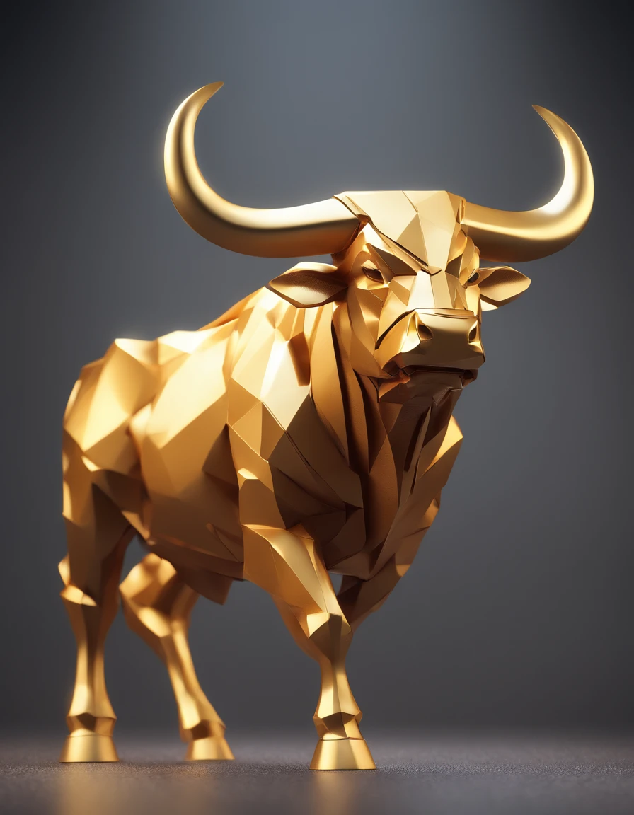 A big muscular bull, paper origomi, cinematic light, golden particles, shallow depth of field, dark theme