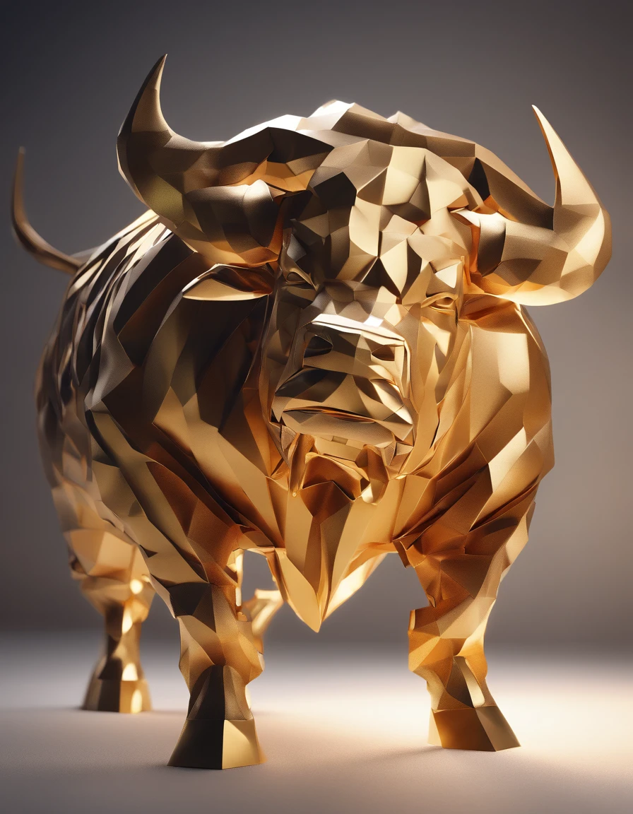 A big muscular bull, paper origomi, cinematic light, golden particles, shallow depth of field, dark theme