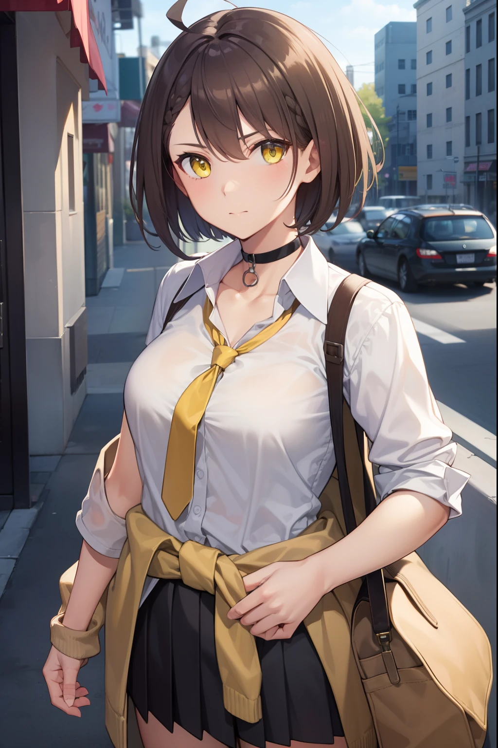 baltimore, baltimore, brown hair, (yellow eyes:1.5), braid, ahoge, short hair, french braid, hair between eyes, bob cut,
BREAK beige cardigan, beige sweater, black choker, black necktie, black skirt, cardigan, cardigan around waist, choker, clothes around waist, collared shirt, loose necktie, necktie, official alternate costume, school bag, shirt, shirt tucked in, short sleeves, skirt, sweater, sweater around waist, tied sweater,  white shirt,
BREAK looking at viewer,
BREAK outdoors,
BREAK (masterpiece:1.2), best quality, high resolution, unity 8k wallpaper, (illustration:0.8), (beautiful detailed eyes:1.6), extremely detailed face, perfect lighting, extremely detailed CG, (perfect hands, perfect anatomy),