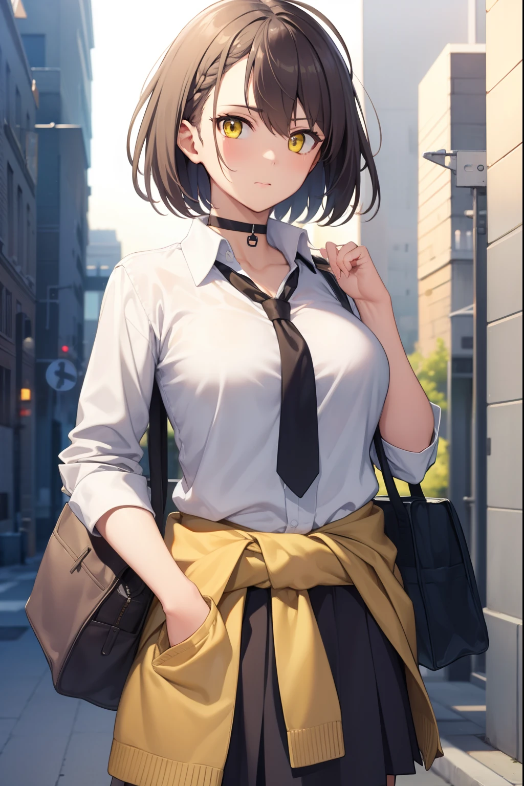 baltimore, baltimore, brown hair, (yellow eyes:1.5), braid, ahoge, short hair, french braid, hair between eyes, bob cut,
BREAK beige cardigan, beige sweater, black choker, black necktie, black skirt, cardigan, cardigan around waist, choker, clothes around waist, collared shirt, loose necktie, necktie, official alternate costume, school bag, shirt, shirt tucked in, short sleeves, skirt, sweater, sweater around waist, tied sweater,  white shirt,
BREAK looking at viewer,
BREAK outdoors,
BREAK (masterpiece:1.2), best quality, high resolution, unity 8k wallpaper, (illustration:0.8), (beautiful detailed eyes:1.6), extremely detailed face, perfect lighting, extremely detailed CG, (perfect hands, perfect anatomy),