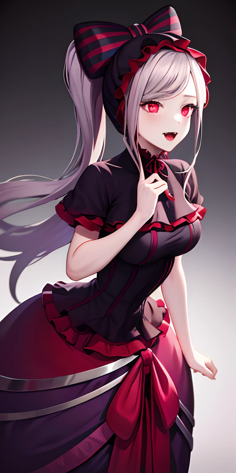 masterpiece, best quality, ShalltearV4, 1girl, solo, dress, frills, bow, hair bow, fangs, pale skin, glowing, glowing eyes, portrait, vampire