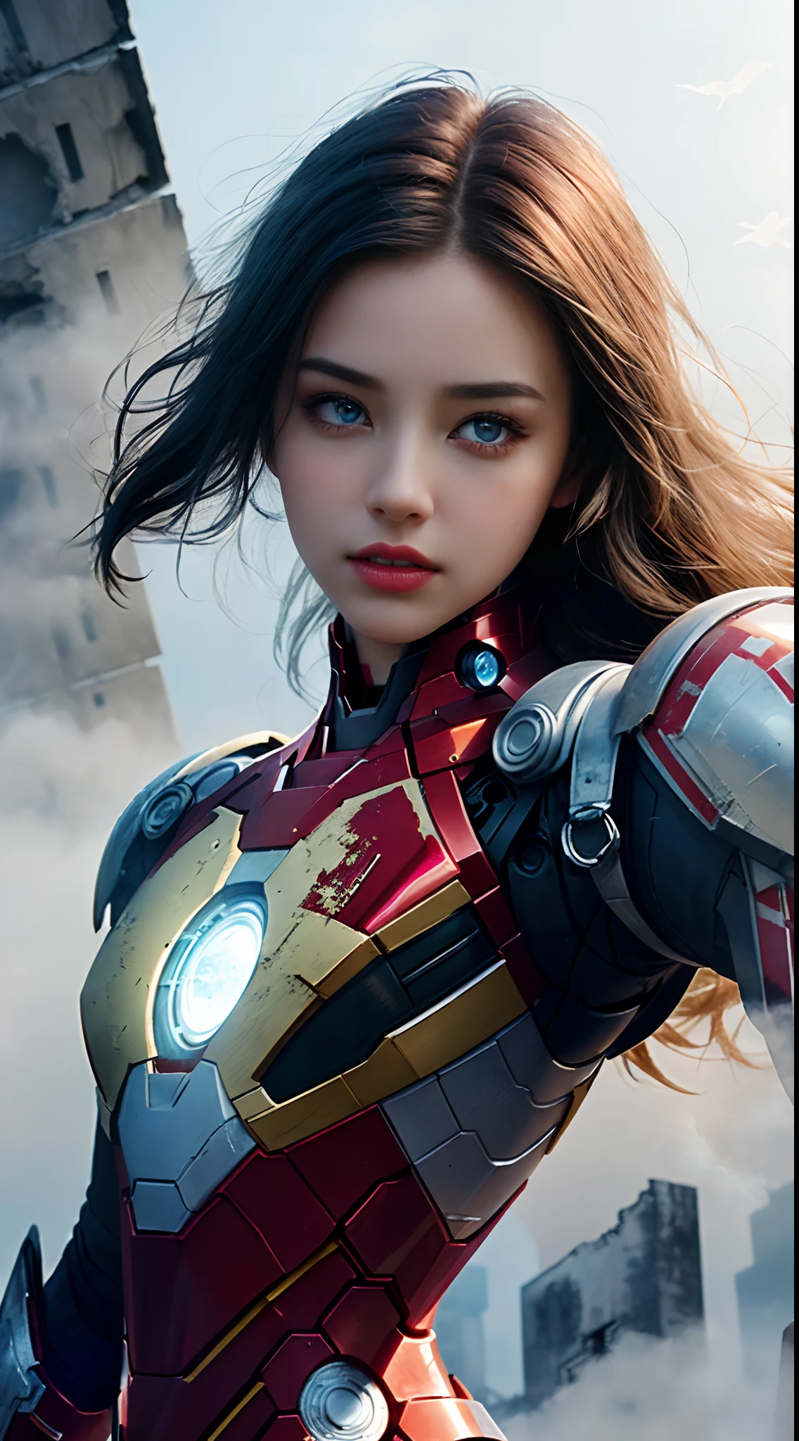 (1girl:1.3), Solo, (((Very detailed face)))), ((Very detailed eyes and face)))), Beautiful detail eyes, Body parts__, Official art, Unified 8k wallpaper, Super detailed, beautiful and beautiful, beautiful, masterpiece, best quality, original, masterpiece, super fine photo, best quality, super high resolution, realistic realism, sunlight, full body portrait, amazing beauty, dynamic pose, delicate face, vibrant eyes, (from the front), She wears an Iron Man suit, red and black color scheme, war armor, very detailed war ruins background, detailed face, detailed complex busy background, messy, gorgeous, milky white, highly detailed skin, realistic skin details, visible pores, clear focus, volumetric fog, 8k uhd, DSLR, high quality, film grain, fair skin, photo realism, lomography, futuristic dystopian megalopolis, seen from below, translucent