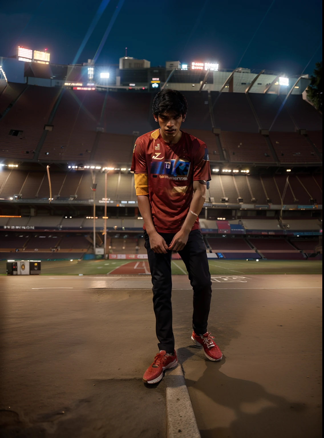 there is a man standing on a ledge at night, at stadium, full body photogenic shot, edited in photoshop, profile picture 1024px, candid picture, around 1 6 years old, profile pic, taken with the best dlsr camera, a picture, jayison devadas style, jayison devadas, 4k resolution,