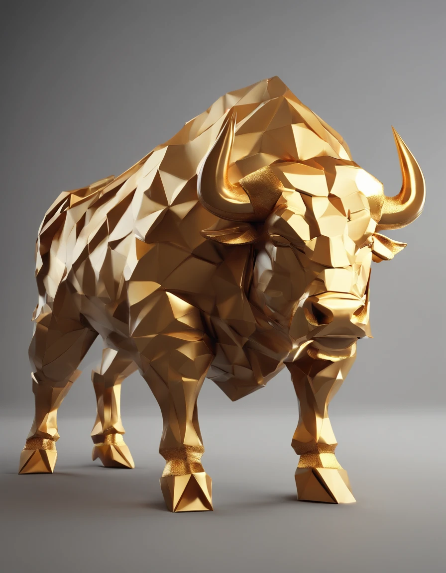 A big muscular angry bull, paper origomi, cinematic light, golden particles, shallow depth of field, dark theme