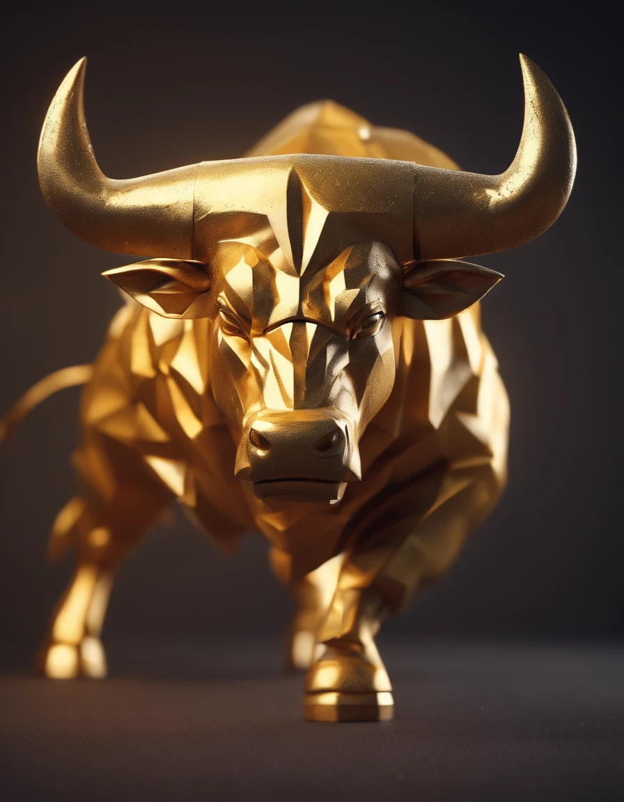 A big muscular angry bull, paper origomi, cinematic light, golden particles, shallow depth of field, dark theme