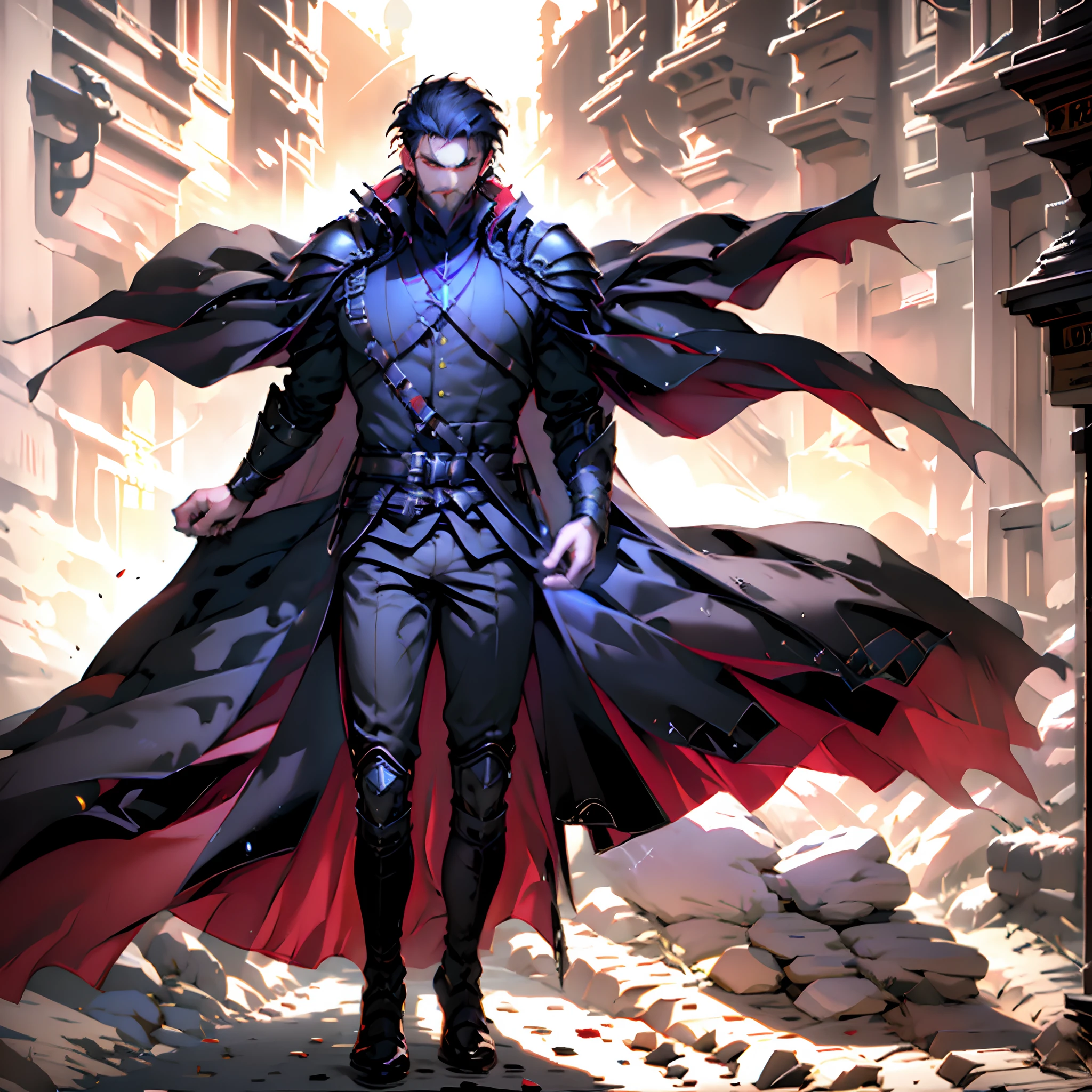 viktorlukas,wearing purple cape cloak jacket,black suit armor,black pants,boots,(solo_focus:1.3),best quality, ultra-detailed, HDR, UHD, studio lighting,extreme detail description,professional