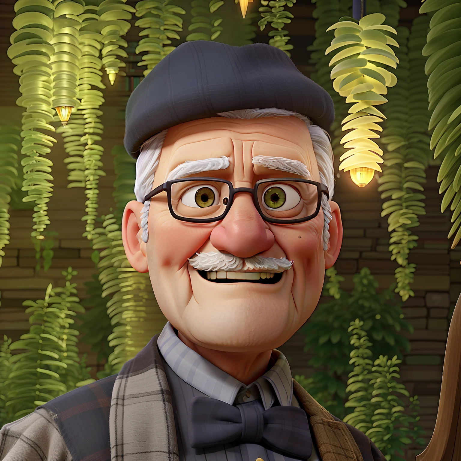 A wise old man standing in front, illuminated by the light of a lamp, against the backdrop of a library