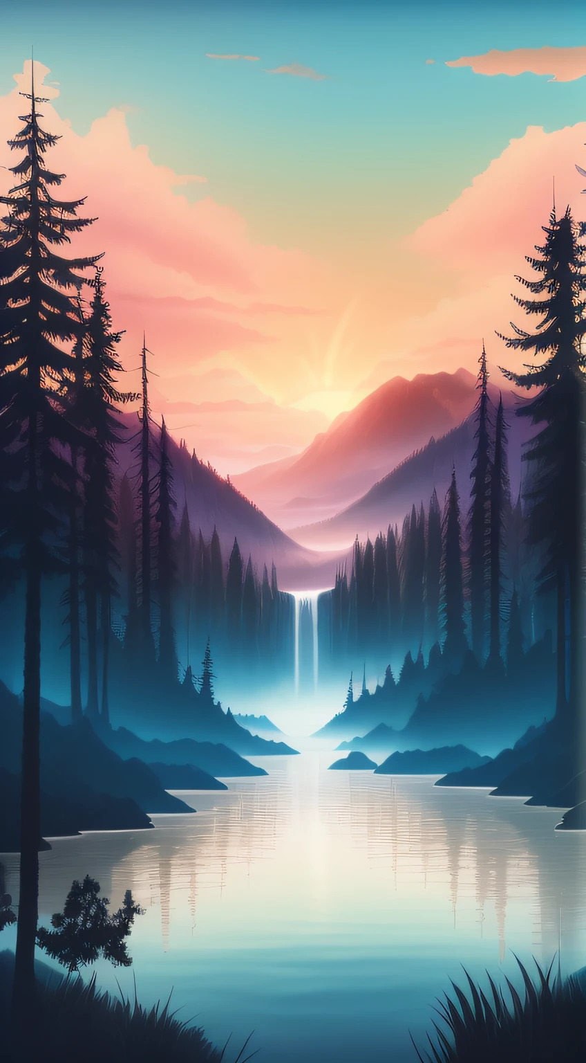 (best quality, 4k, 8k, highres, masterpiece:1.2), ultra-detailed, (realistic, photorealistic), tree, mountain, cloud, forest, landscape, blue theme, sunset, fog, lake, water, reflection, waterfall.
