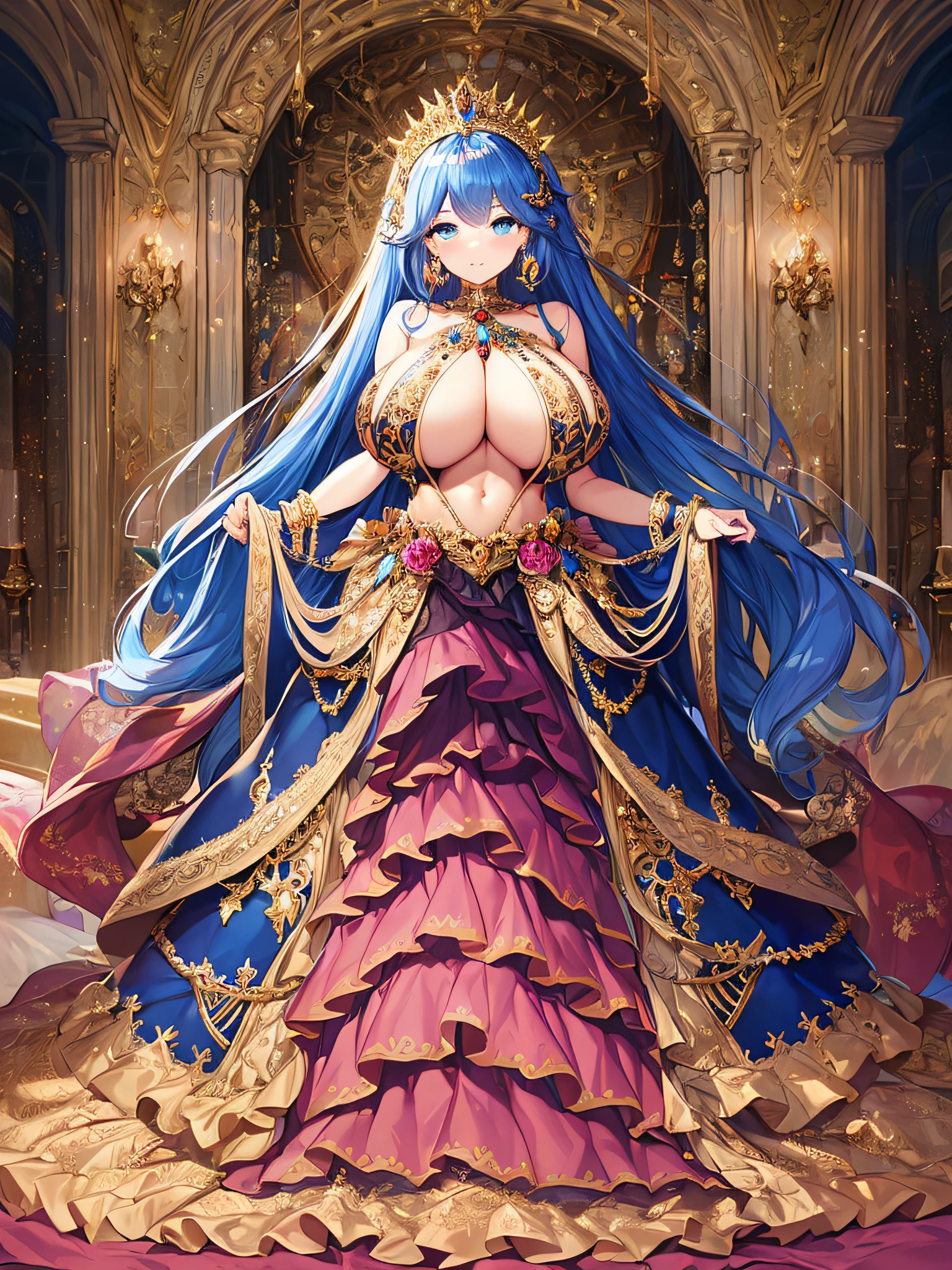 anime artstyle,Masterpiece,Best Quality,Super Detail,Very Delicate and Beautiful,Solo,full body,full body portrait,(detailed face and eyes),jewel-like beautiful eyes,((1 princess in a beautiful embroidery and jeweled rococo ball gown with voluminous full length hoop skirt)),((fantasy castle,outdoors,outside the castle)),((Crinoline,Long Train)),super detailed gorgeous princess ballgown with voluminous full length hoop skirt,Gorgeous princess rococo ballgown and long trains adorned with jewels,Gorgeous princess rococo ball gowns and long trains adorned with jewels,gorgeous princess rococo ballgown with beautiful embroidery and jeweled,((large amount of straight hair,extremely voluminous Very Long Hair,Absolutely Long Straight Hair)),(((very gigantic ,sagging boobsrm cover,extremely gorgeousfull hair ornament,bling-bling extremely gorgeousfull jeweled tiara,luxurious jewelry,full body