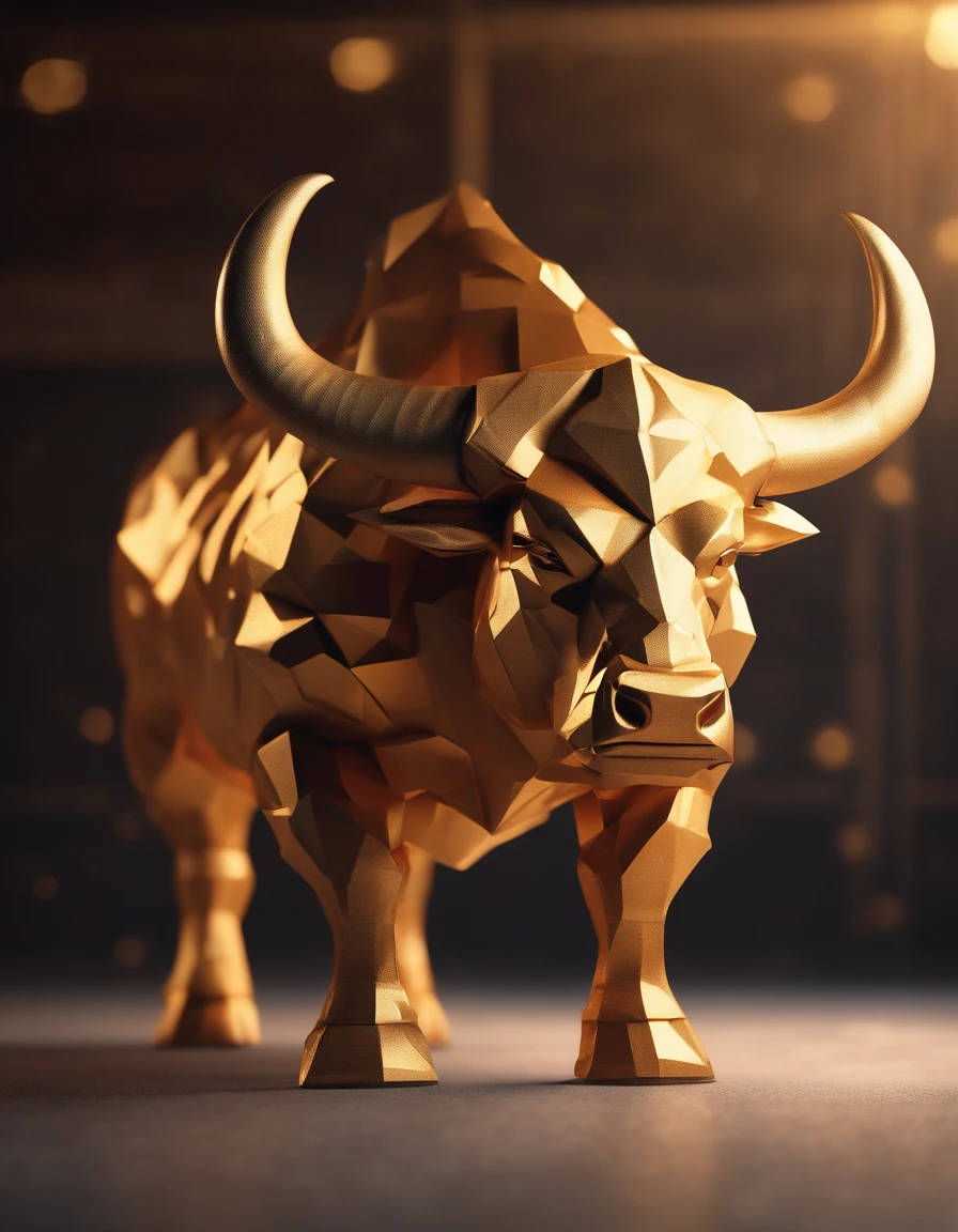 A big muscular angry bull, paper origomi, cinematic light, golden particles, shallow depth of field, dark theme, steam