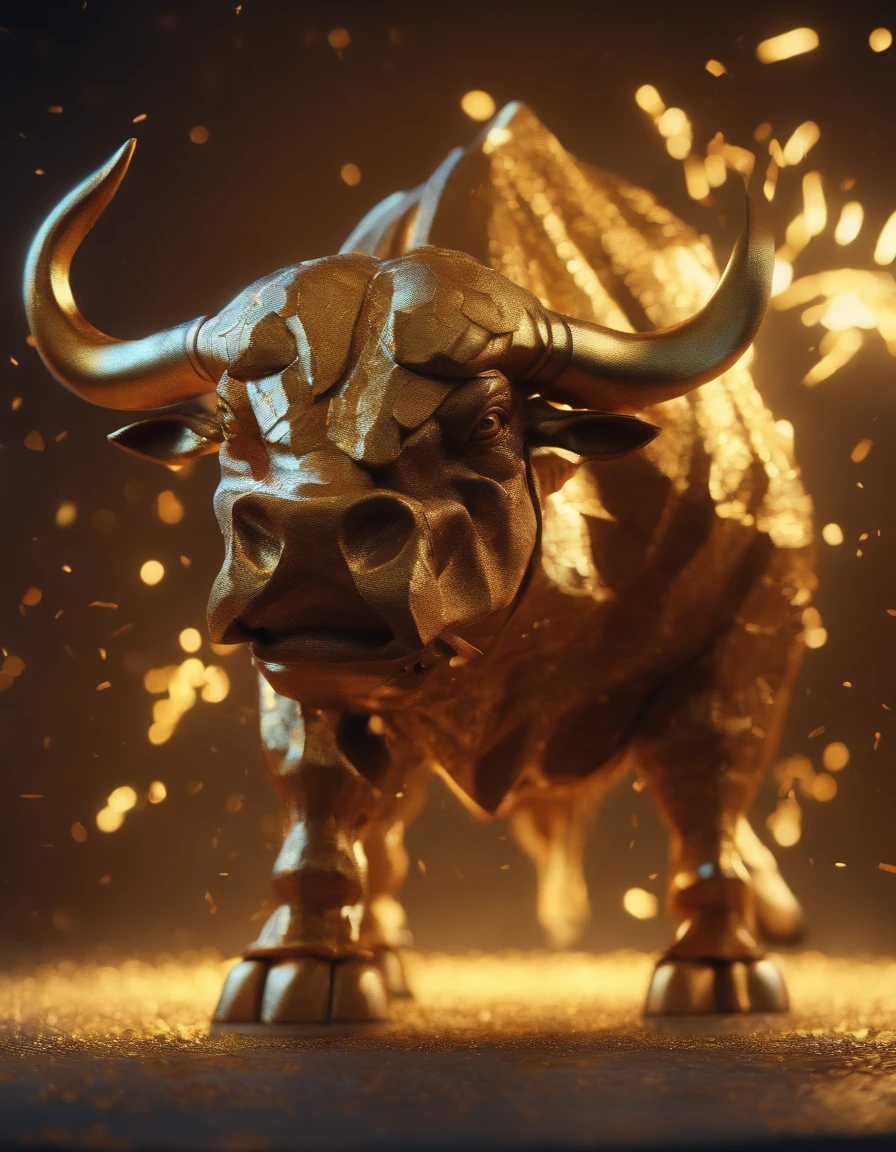 A big muscular angry bull, paper origomi, cinematic light, golden particles, shallow depth of field, dark theme, steam
