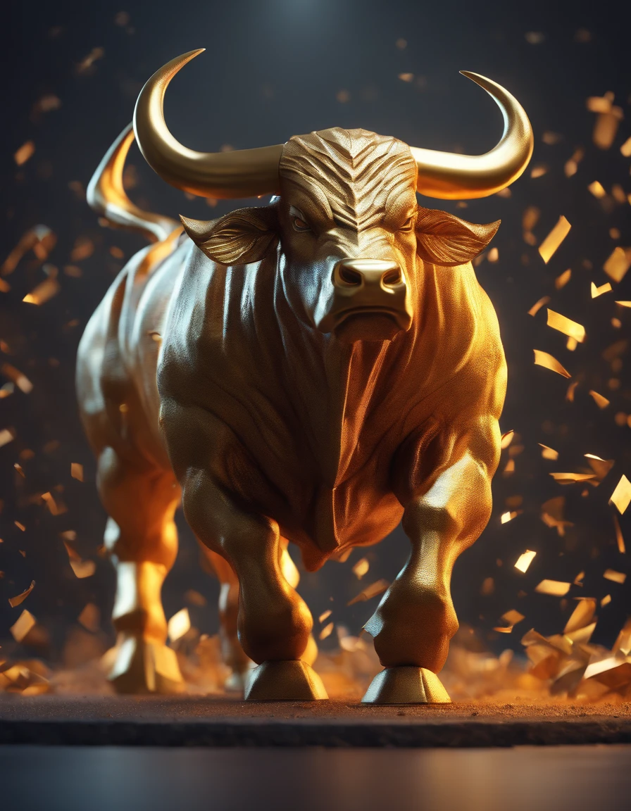 A big muscular angry bull, paper origomi, cinematic light, golden particles, shallow depth of field, dark theme, steam
