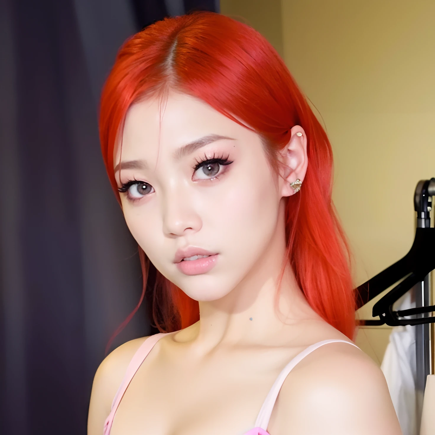 1girl, solo, upper body, looking at viewer, white background, long hair, glowing, pink hair, big breasts, choker, nipples, <lora:Gabbi-01:1>