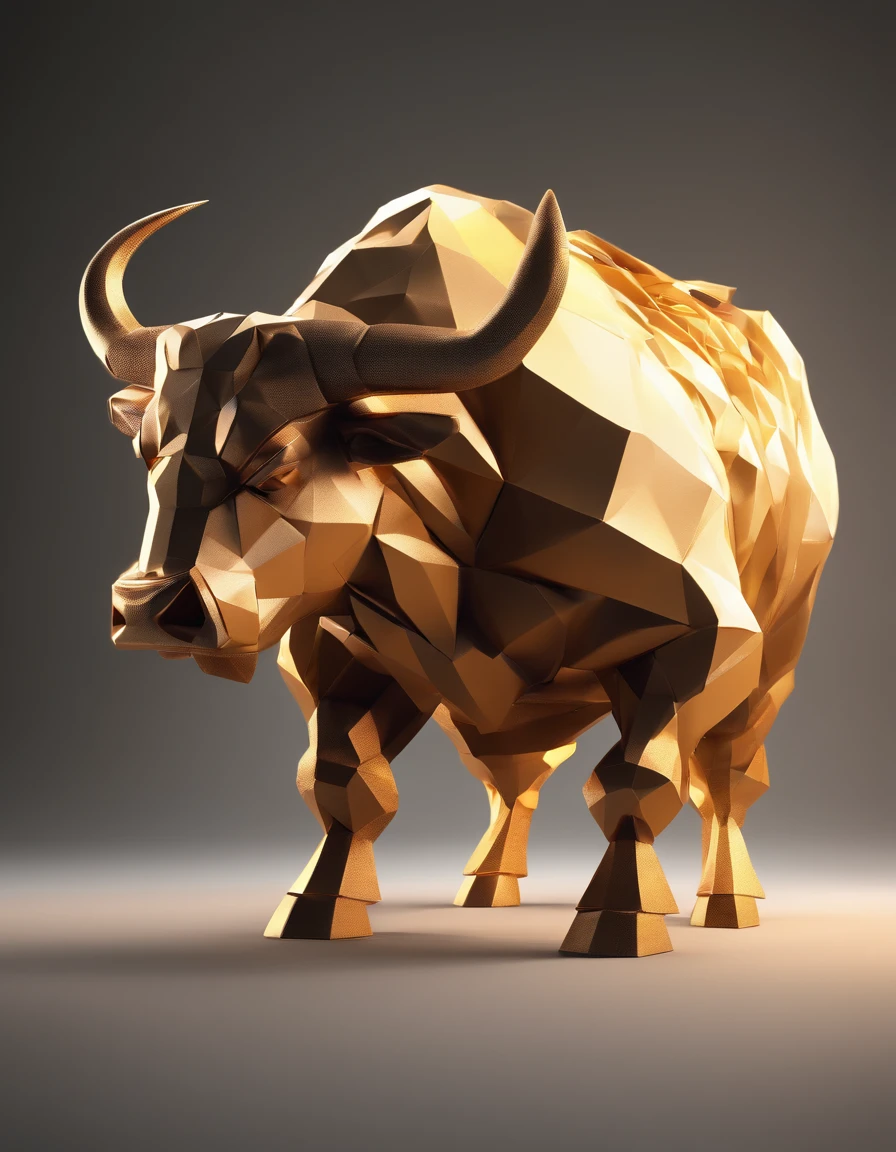 A big muscular angry bull, paper origomi, cinematic light, golden particles, shallow depth of field, dark theme, steam