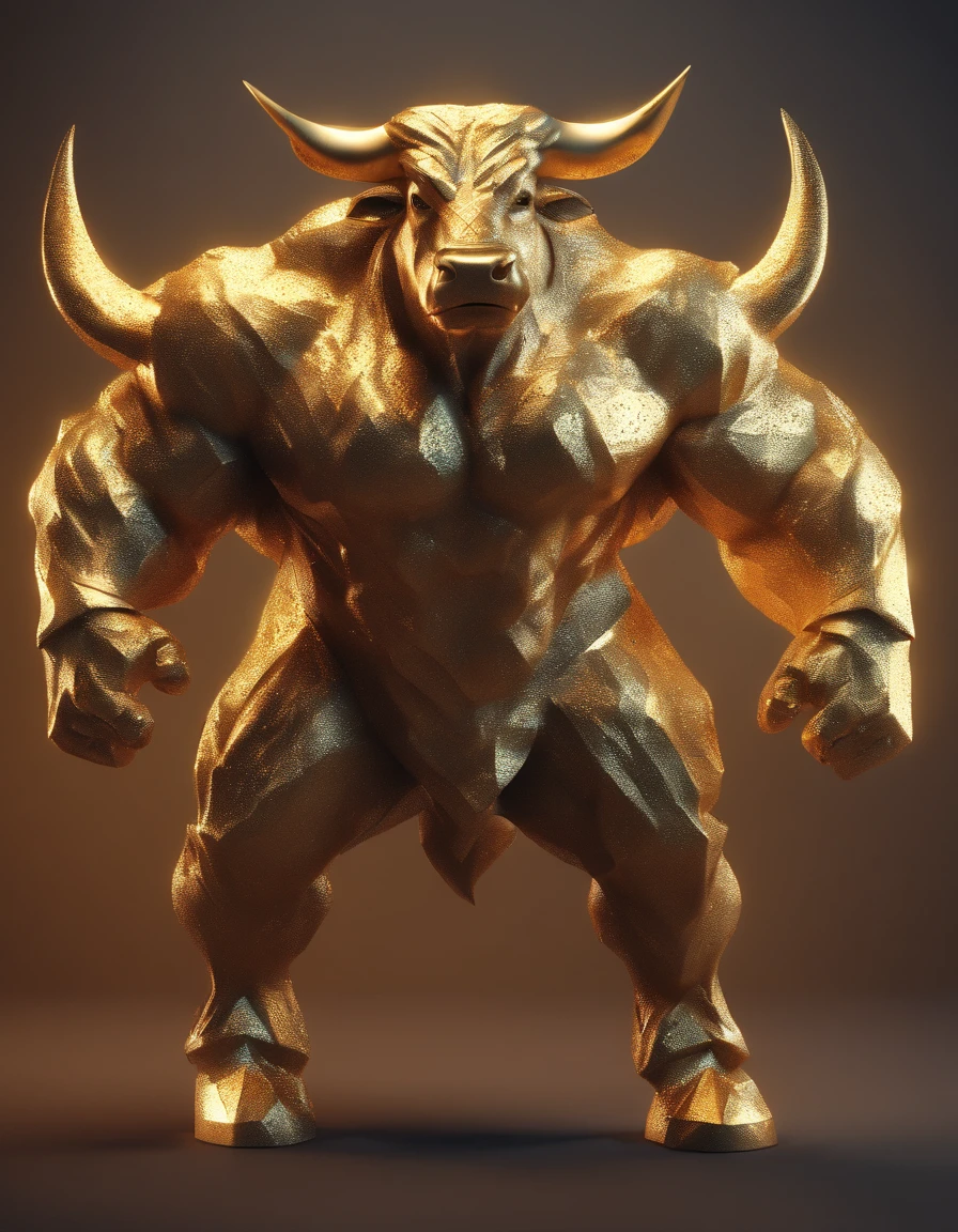 A big muscular angry bull, paper origomi, cinematic light, golden particles, shallow depth of field, dark theme