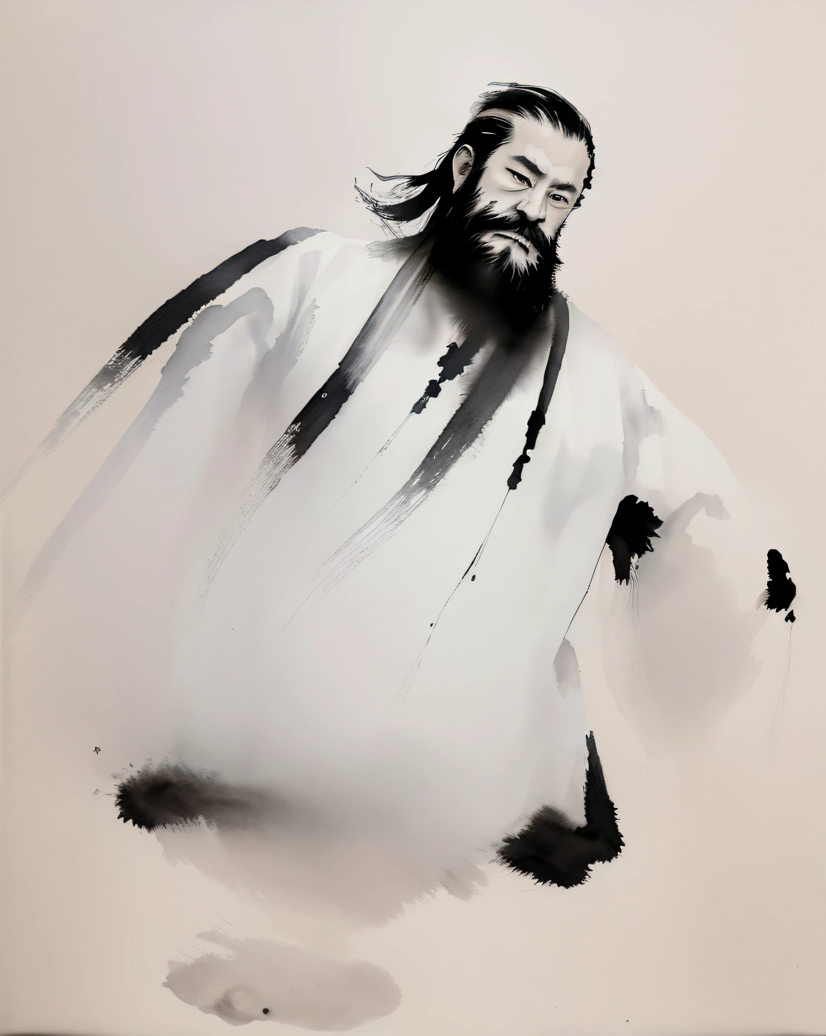 zydink, monochrome, ink sketch, 1boy, asian (middle age man), (long beard, facial hair), fighting stance, looking at viewer, long hair, floating hair, hanfu, chinese clothes, long sleeves, (abstract ink splash:1.2), white background
