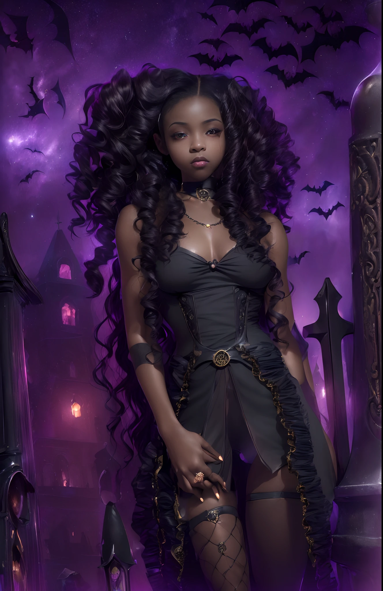 ((-yeld)))ack girl, (((light skin))), (((vampire))), (((New Orleans cemetary, early 20th century night time during mardi grad))), (((bats flying around))), dusk, (((close-up full body pose))), (((long wavy black hair))), high heel boots, (((wearing period clothing))), dark fantasy art, Rich, Deep Colours, (intricate details:0.9), (HDR, hyper-detailing:1.2), (natural skin textures, hyper realisitc, soft light, Sharp),