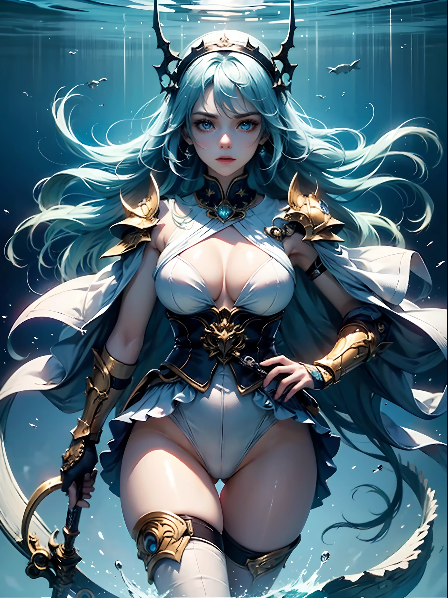 1girl, cowboy shot of a beautiful woman in the most intricate empress armored-battle-gown showing armpits, (large aqua-blue eyes : 1.6), cold gaze, (aqua-blue hair, wavy long hair : 1.5), shiny skin, cute, ((small breasts, wide waist and huge buttocks, thigh gap)), looking at viewer, deep sea palace, masterpiece, best quality, 8k