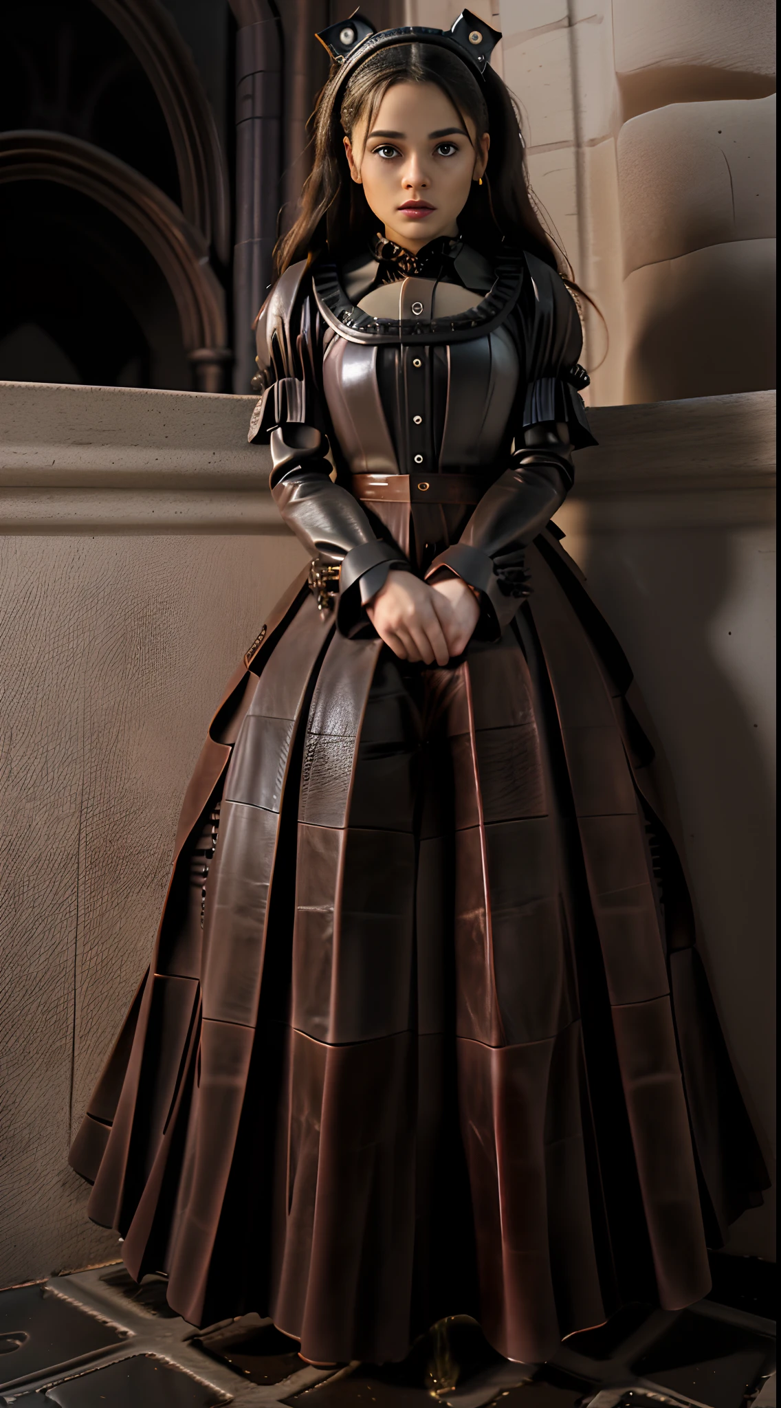 16k resolution, beautiful supermodel, highres, RAW photo, absurdres, full body portrait, Masterpiece, best quality, (very detailed CG Unity 16k wallpaper), (best quality), (best illustration), (best shadow), (beautiful woman Forced to pee herself during exam: 1.5), denied bathroom request, (grabbing sides of ballgown skirt curtsy: 1.7), defeated accepting the inevitable peeing herself (pees herself during exam: 1.5) (puddle forming under ballgown:1.4), (thick leather gothic long floor length pleated ballgown skirt:1.8) (leather gothic pleated ballgown: 1.8) (large breasts: 1.6) (corset halter: 1.5) (knee high combat boots:1.4), long braided pigtails, sadness, red lips, embarrassed, blushing, ashamed, silently crying, (legs crossed trying to close her pee hole: 1.5),