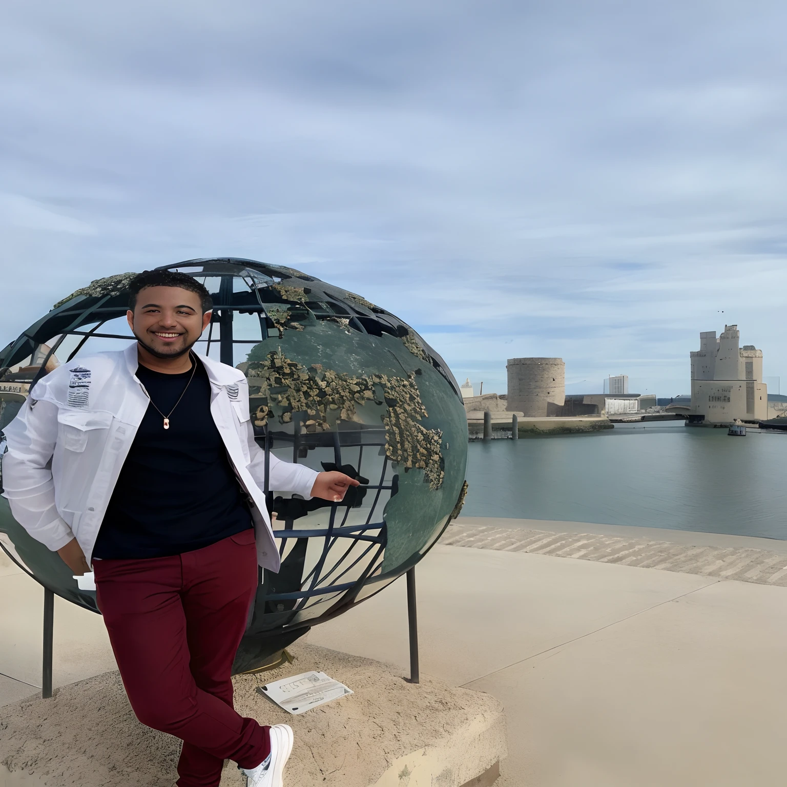 Arafed man standing in front of a globe with a city in the background, com uma cidade em segundo plano, em frente a uma cidade arruinada, com um castelo ao fundo, Cidade em segundo plano, em frente a uma cidade de fantasia, Jovem espanhol, Romain Jouandeau, standing in a city center, com a terra ao fundo, fundo transparente