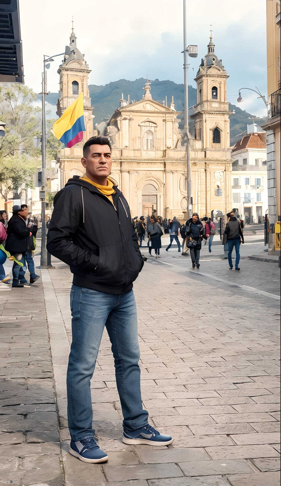 Cartoon character of a man with black coat and jeans, In a square in Colombia, animation character, Caractere estilizado, animation style rendering, 3D estilizado, Arnold Maya render, 3 d render stylized, toon render keyshot, Personagem 3D, Personagem 3D, 3d rendering stylized, 3 d character render, personagem de desenho animado, Personagem de close up, Pose de personagem, (Estilo Pixar) (master part:1.2) (Bokeh) (best quality) (pele detalhada) (textura detalhada) (8k) (argila) (Cinematic lighting) (foco nítido