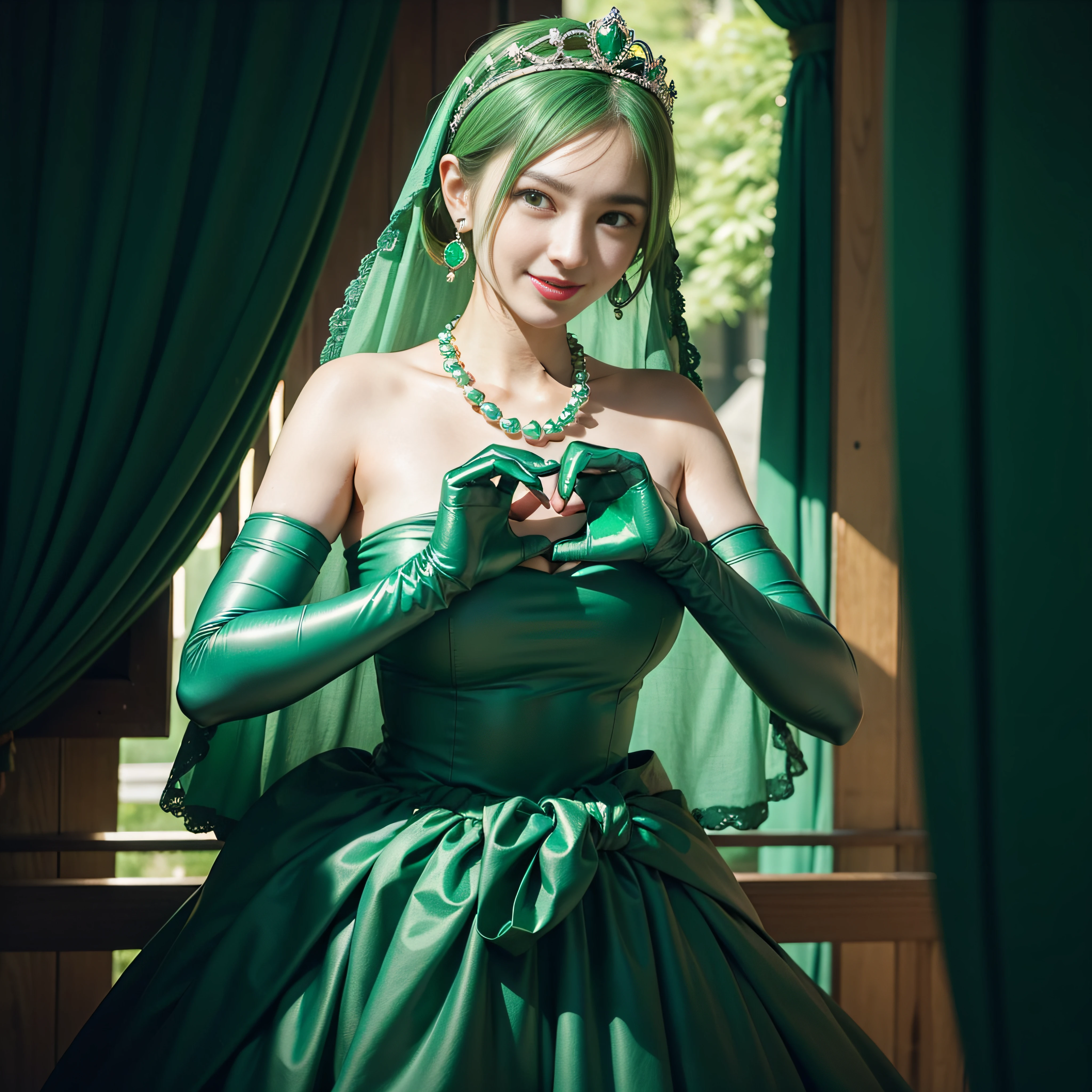 emerald tiara, Green Pearl Necklace, Boyish very short green hair, lipsticks, Japan woman smiling, very short short hair, big breasts beautiful, Green eyes, Long green gloves made of satin material, Green eyes, Emerald Earrings, green vale, Heart with both hands