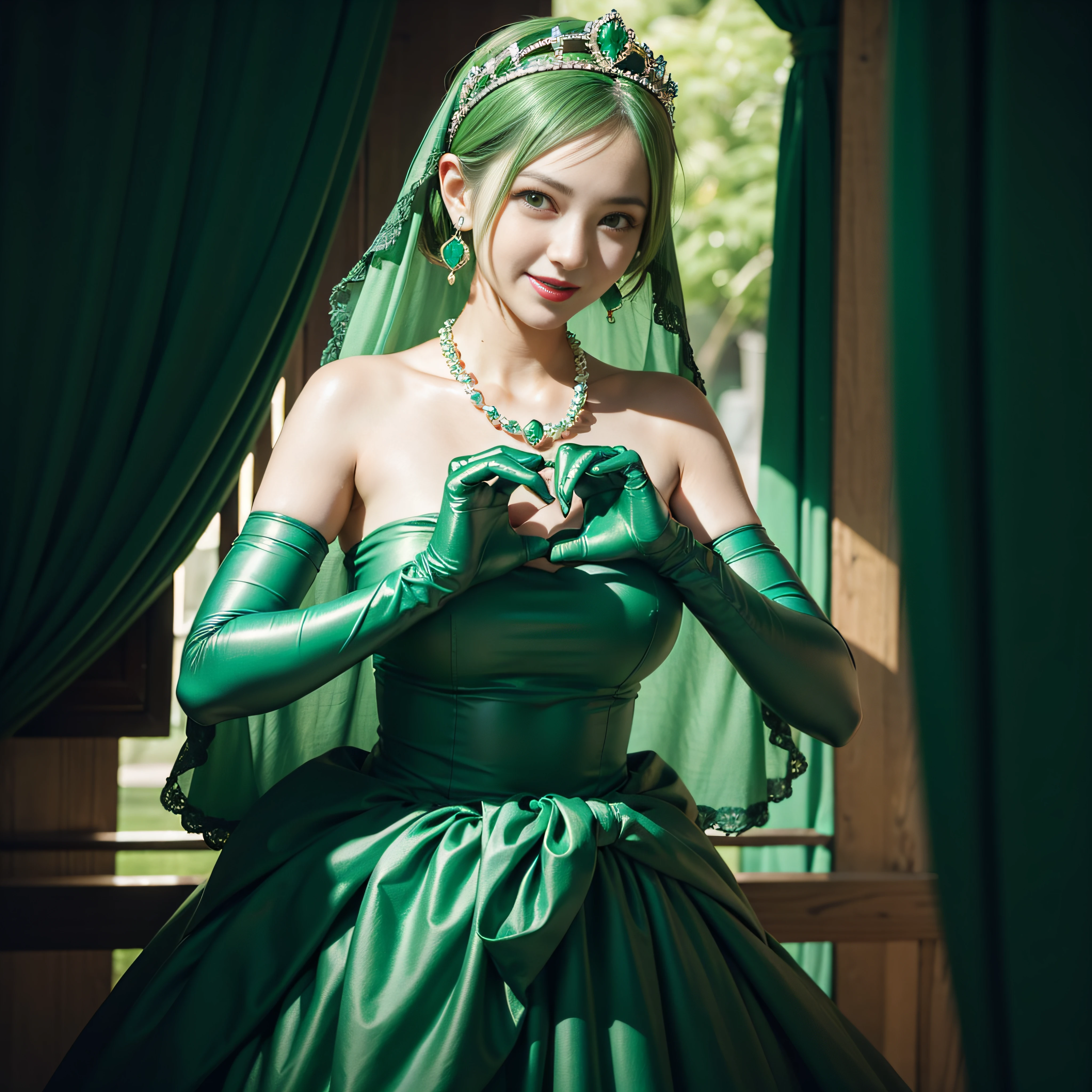 emerald tiara, Green Pearl Necklace, Boyish very short green hair, lipsticks, Japan woman smiling, very short short hair, big breasts beautiful, Green eyes, Long green gloves made of satin material, Green eyes, Emerald Earrings, green vale, Heart with both hands