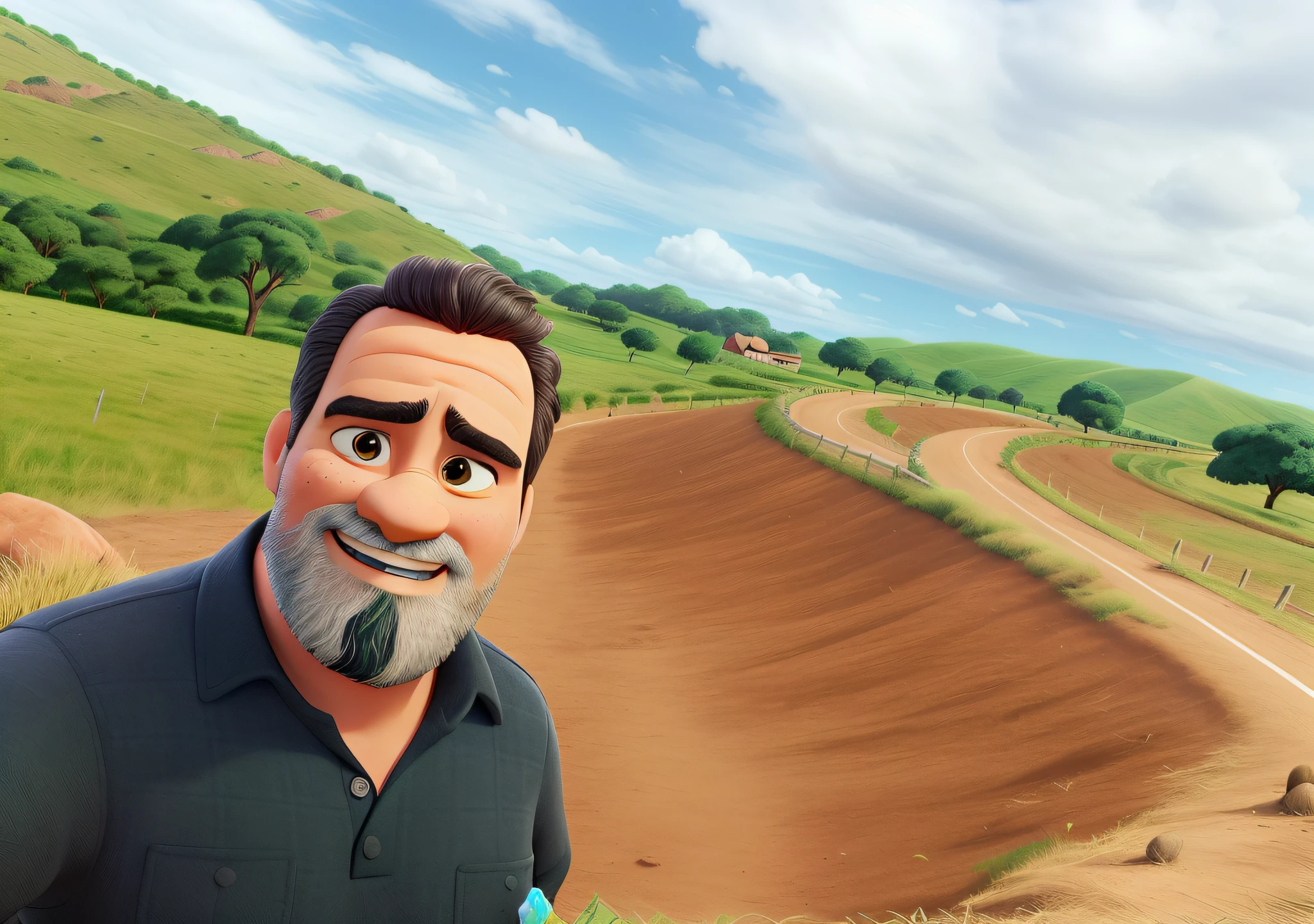 Crie um cartaz estilo Disney Pixar. Homem de 48 anos, gordo, Black Polo Shirt, barba baixa grisalha, 1,68 de altura, cabelos pretos cortados baixo, olhos pretos, sorriso mostrando os dentes. Behind him, uma cratera profunda aberta numa estrada de asfalto com cones laranja no meio da pista, Blue sky with clouds, Green pastures with a few trees. Alta qualidade. Melhor qualidade