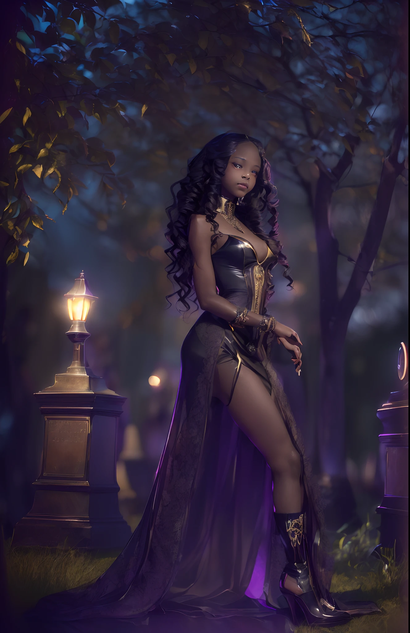 ((-yeld)))ack girl, (((light skin))), (((vampire))), (((New Orleans cemetary, early 20th century night time during mardi grad))), (((bats flying around))), dusk, (((close-up full body pose))), (((long wavy black hair))), high heel boots, (((wearing period clothing))), dark fantasy art, Rich, Deep Colours, (intricate details:0.9), (HDR, hyper-detailing:1.2), (natural skin textures, hyper realisitc, soft light, Sharp),