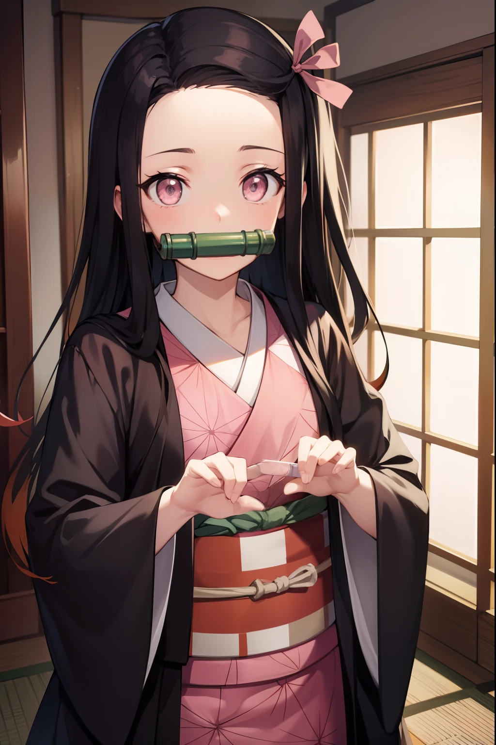 nezukokamado, nezuko kamado, bamboo, (bit gag:1.5), black hair, (forehead:1.5), gag, gagged, hair ribbon, long hair, multicolored hair, (pink eyes:1.5), orange hair, slit pupils, wavy hair, two-tone hair,
BREAK asa no ha (pattern), checkered sash, haori, japanese clothes, kimono, long sleeves, obi, pink kimono, sash, wariza, wide sleeves,
BREAK looking at viewer,
BREAK indoors,
BREAK (masterpiece:1.2), best quality, high resolution, unity 8k wallpaper, (illustration:0.8), (beautiful detailed eyes:1.6), extremely detailed face, perfect lighting, extremely detailed CG, (perfect hands, perfect anatomy),