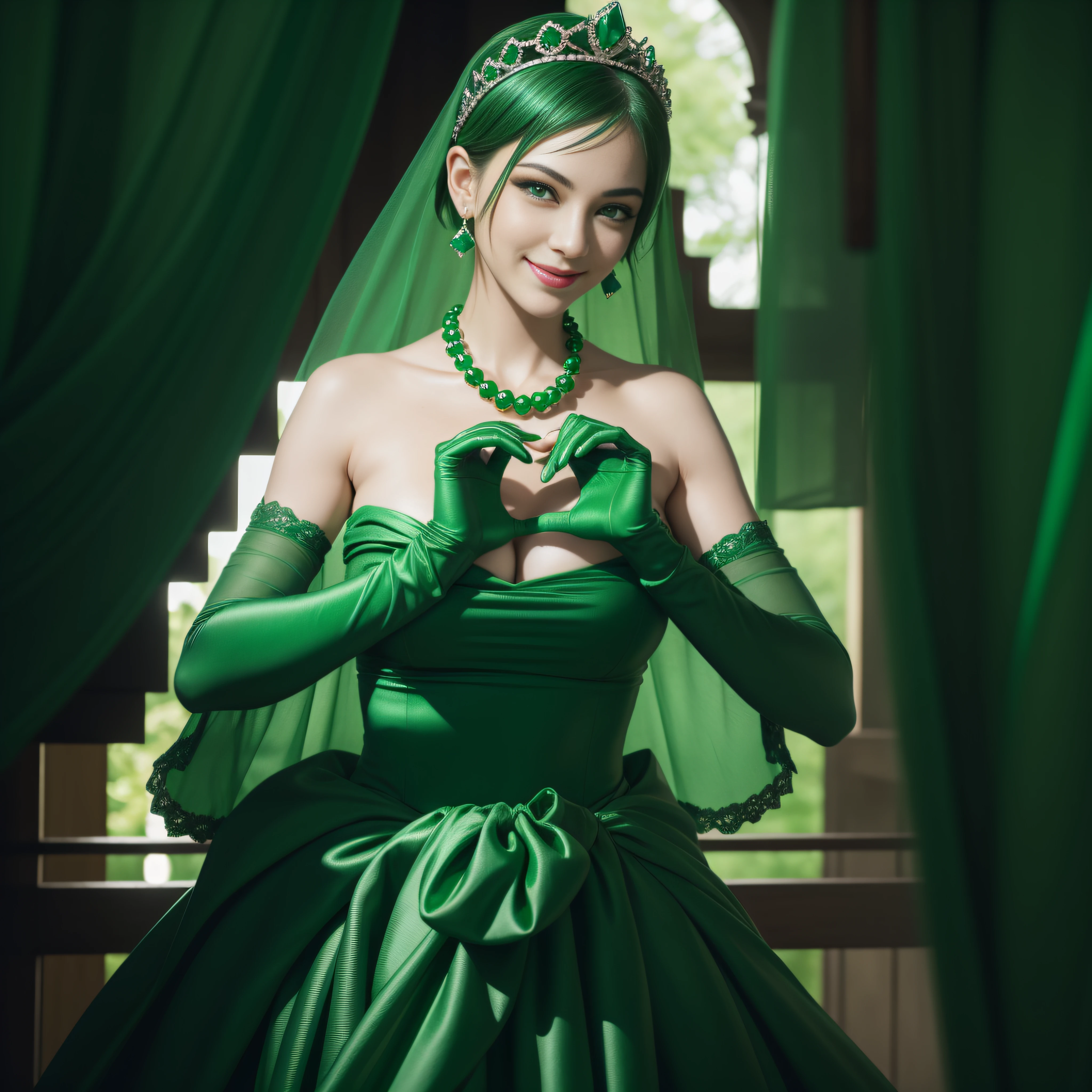 emerald tiara, Green Pearl Necklace, Boyish very short green hair, lipsticks, Japan woman smiling, very short short hair,  big breasts beautiful, Green eyes, Long green gloves made of satin material, Green eyes, Emerald Earrings, green vale, Heart with both hands, Green hair