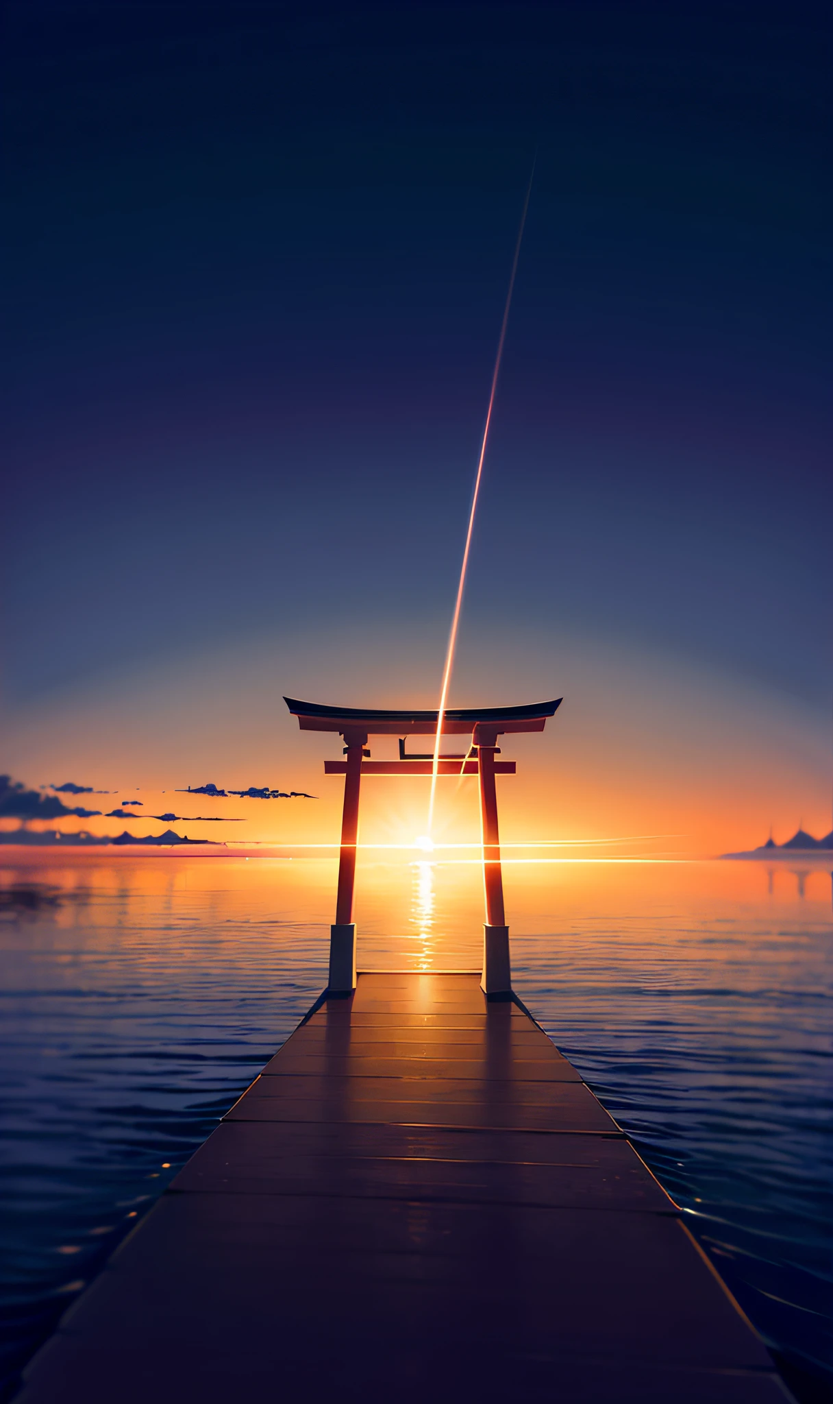 A closeup of a person standing in front of a sunset, anime bela cena de paz, inspirado em Torii Kiyomoto, Fundo do anime, Makoto Shinkai Cirilo Rolando, Directed by: Torii Kiyomoto, cosmic skies. Por Makoto Shinkai, Centralized torii gate, bela cena de anime, Japan. Volumetric lighting