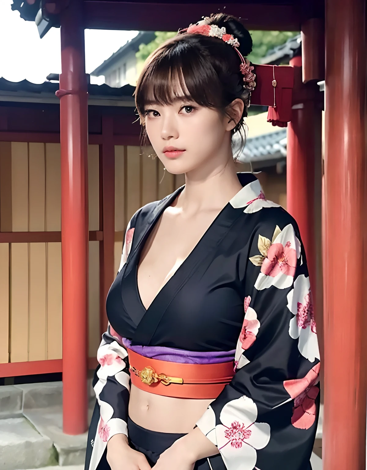 (top-quality、8K、32K、​masterpiece、超A high resolution、nffsw:1.3)、(Japan idol:1.3)、1girl in、(Colossal tits:1.25)、(short-hair)、abdominals、the perfect body、((Takan Ninja)), Delicate facial features, Ultra-realistic, Hyper-realistic, 鎖骨、Shadow、octan render、((Wear a beautiful kimono with a high degree of exposure)),hyperdetailed face、Detailed lips、finely eye、二重まぶた、(魅惑的)、((agitation:1.5))、maikurobikini、((Navel))、Armpit、((Female ninja)),Kunoichi Ninja、Throw shurikens、Japan holding a sword、Mystical expression、shrine background、Old Town of Japan、((heavy breasts)),Toostock、mecosuji、Kimono with colorful floral pattern、highcontrast、(((Brightly colored kimono))),(((Full Body Angle))).