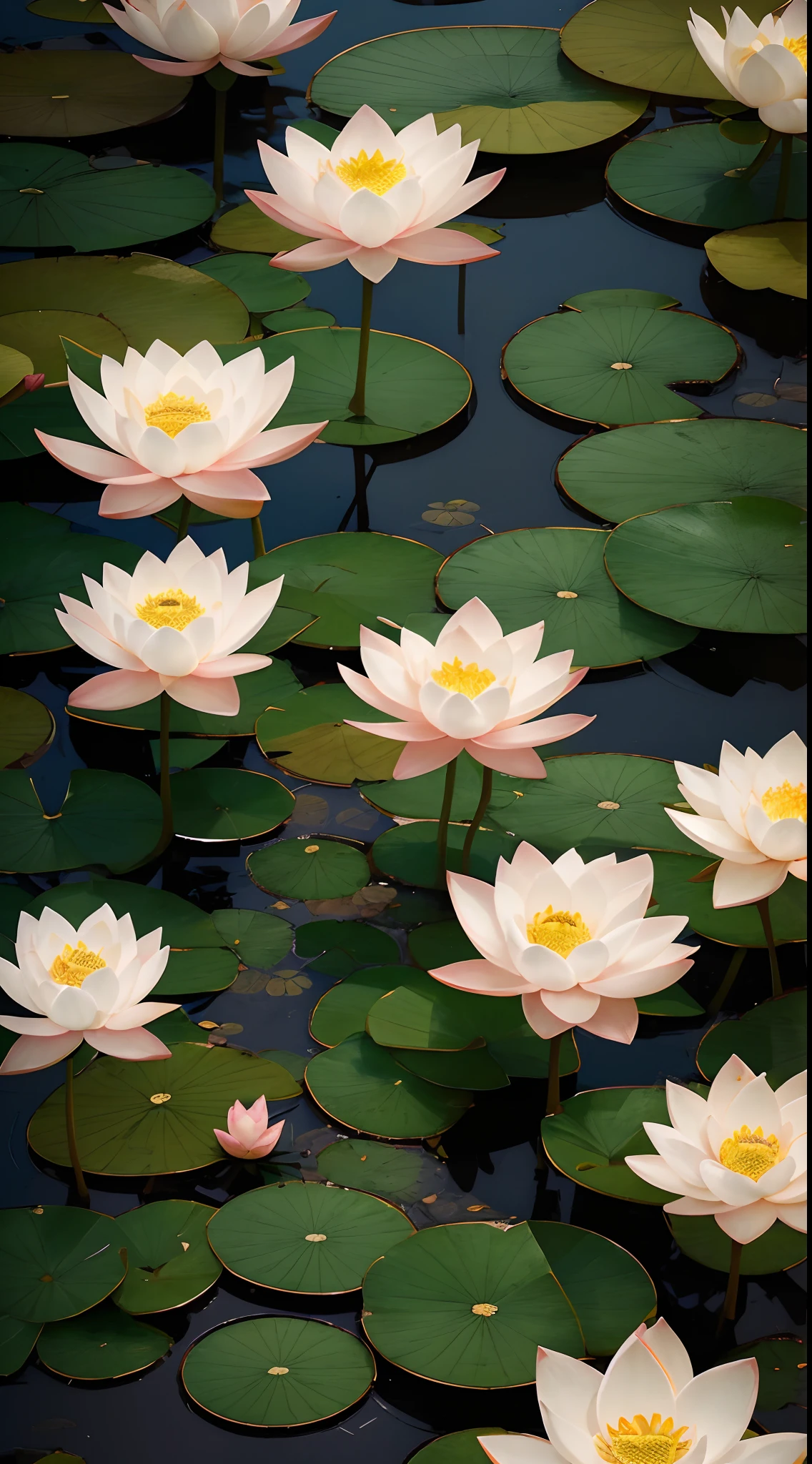 Composition, Illustration, Wide-shot, Lotus flowers beginning to sprout, camera centered on the lotus flowers, ancient chinese scenery, nature, beautiful, super intricate, elegant, hyper detailed, Best quality, 8k uhd, no flaws.